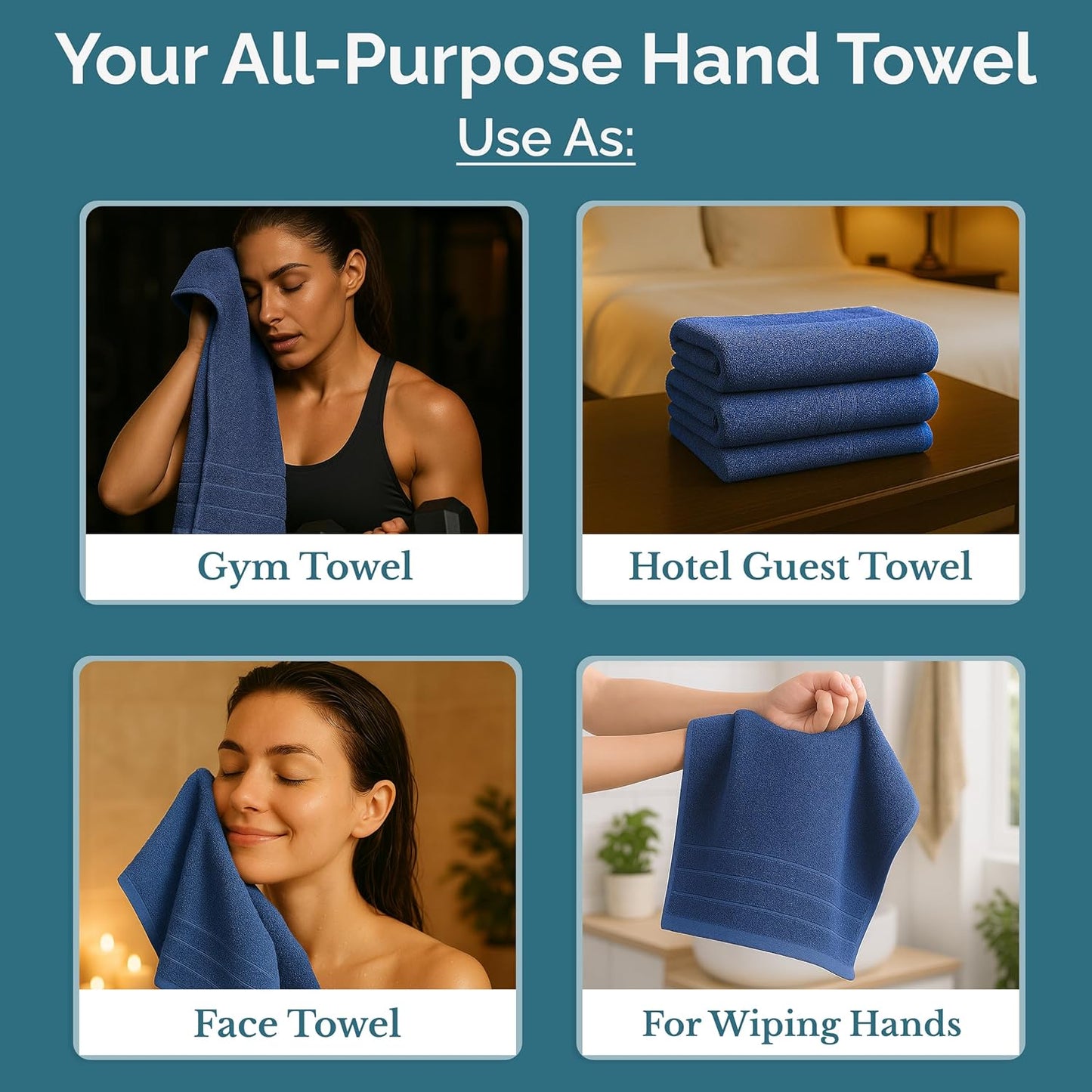 Casa Platino Hand Towel Pack of 4 (16"x28") - Spa & Hotel Quality - 100% Mercerized Cotton, Ring Spun - Quick Dry, Ultra Soft & Absorbent Bath Hand Towels for Bathroom & Salon - Pre Shrunk - Navy Blue