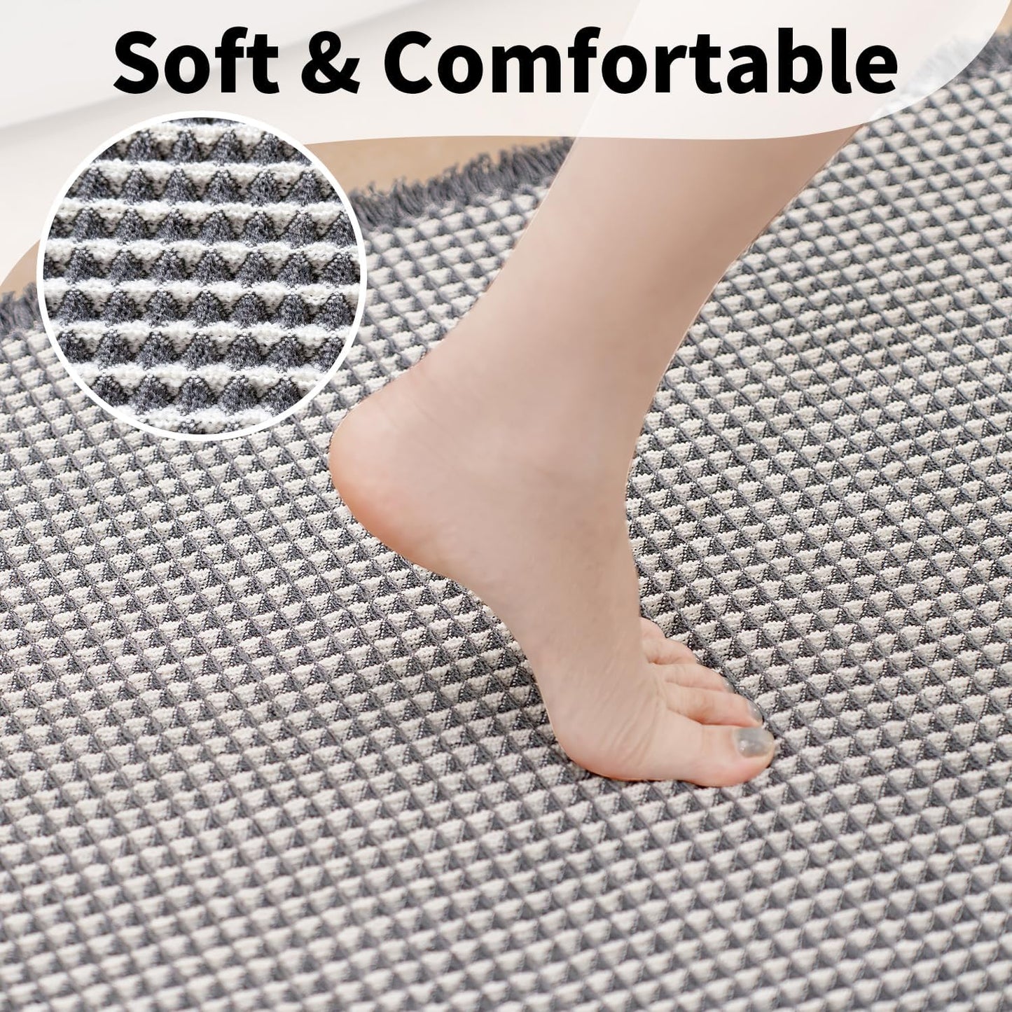 Waffle Bath Mat - Boho Bathroom Rugs Non Slip Washable, Super Absorbent & Quick Dry, Soft Bath Mat Farmhouse Bathroom Decor, 24'' x 48'', Dark Grey and White