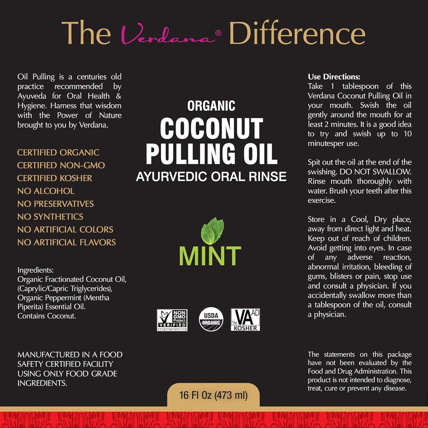 Verdana Organic Oil Pulling Mouthwash – 16 oz Mint – USDA Organic Coconut Oil Rinse for Teeth & Gums – Alcohol-Free, Fluoride-Free Natural Mouthwash for Fresh Breath & Gum Health