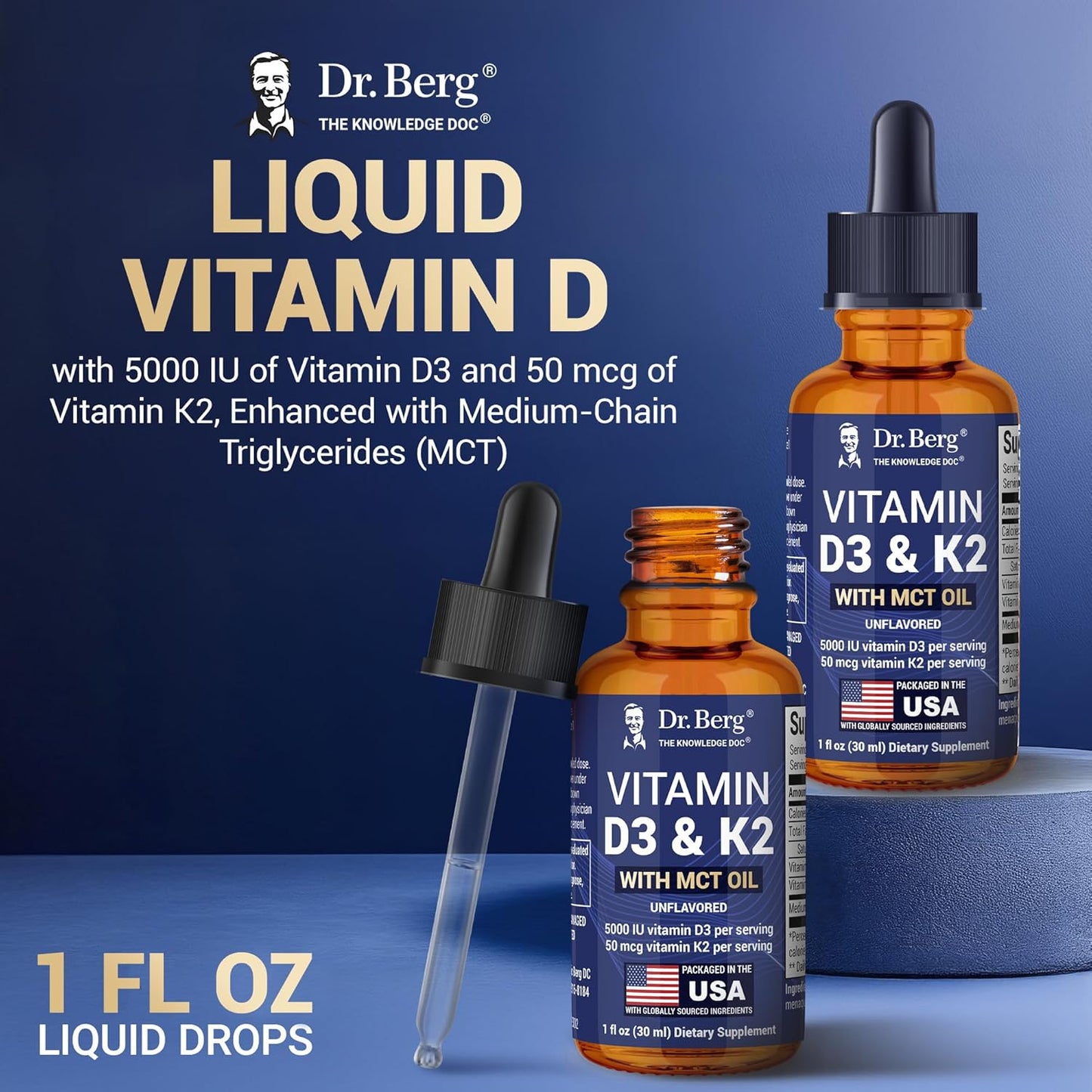 Dr. Berg Maximum Strength Vitamin D3 K2 Liquid Drops with MCT Oil – 5,000 IU Liquid Vitamin D3 with K2 – Supports Strong Bones, Heart, Energy, Immunity, and Overall Vitality* - Unflavored 1 Fl Oz