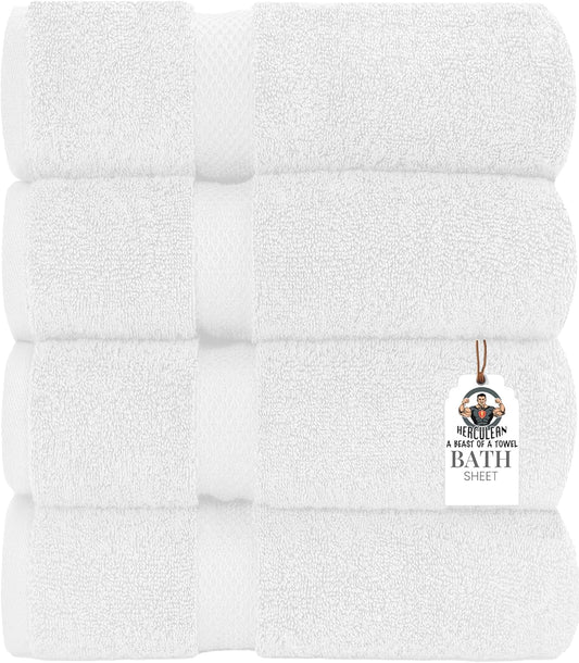 HERCULEAN Bath Sheet 30 x 60 Pack of 4 | 450 GSM Quick Dry and Highly Absorbent | 100% Cotton Terry Towels for Bathroom - Perfect for Shower - Pool and Spa - Luxury Soft Towels - White