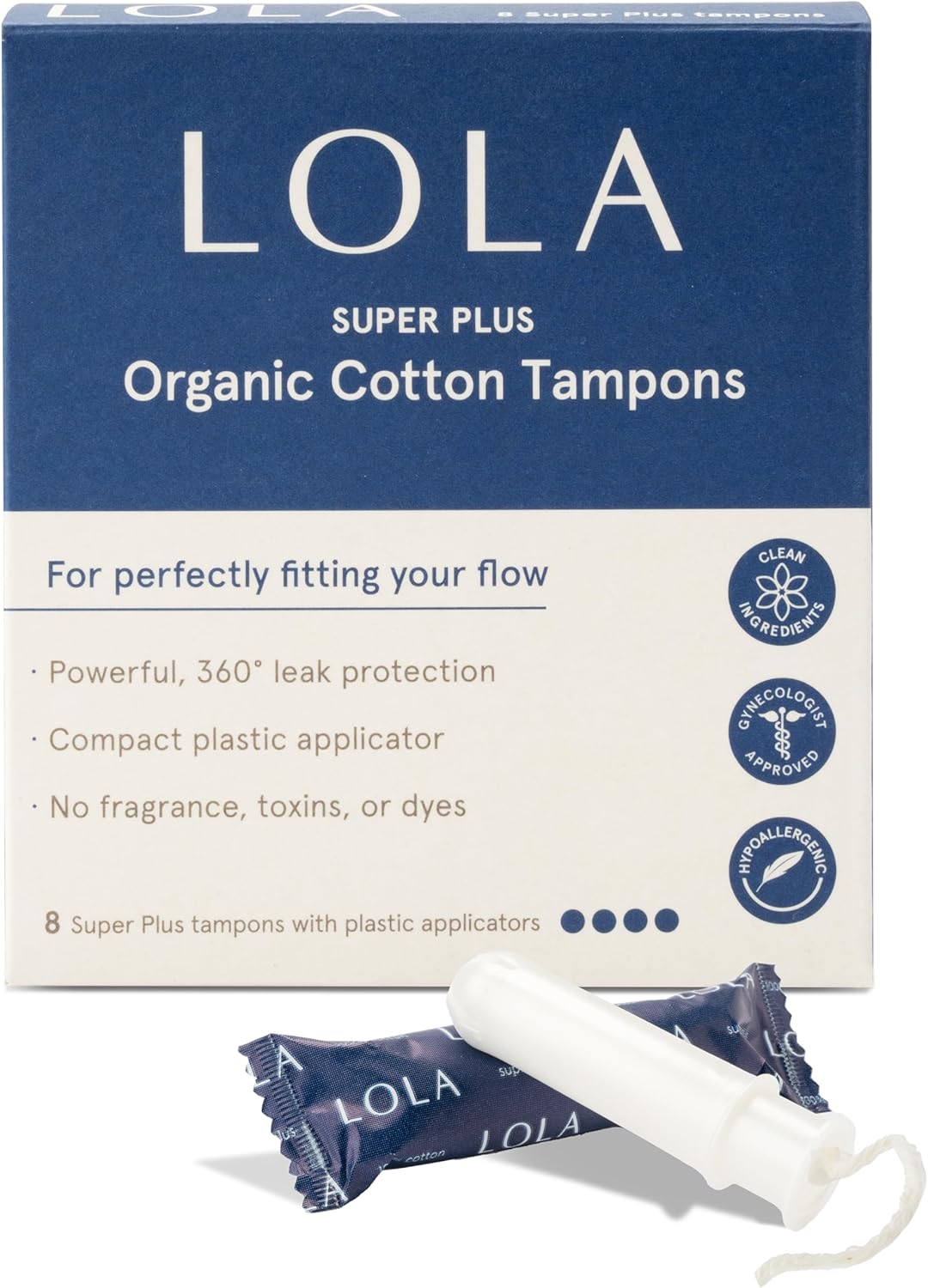LOLA Organic Cotton Tampons, 8 Count - Super Plus Non-Toxic Tampons, Period Feminine Hygiene Products, HSA FSA Approved Products Feminine Care