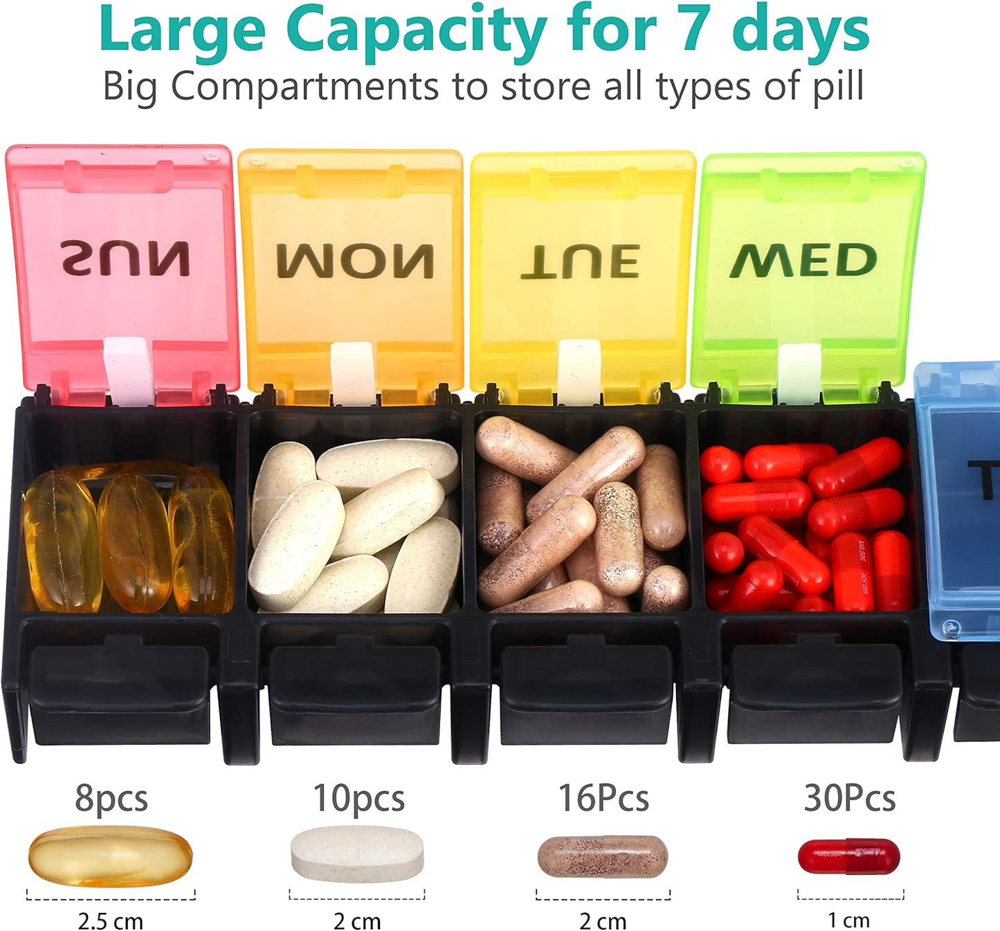 Fullicon Weekly Pill Box Organizer, 7 Day Tablet Boxes for Vitamins and Supplements, Easy to Open Large Medicine Box, Portable Medication Organizer for Travel