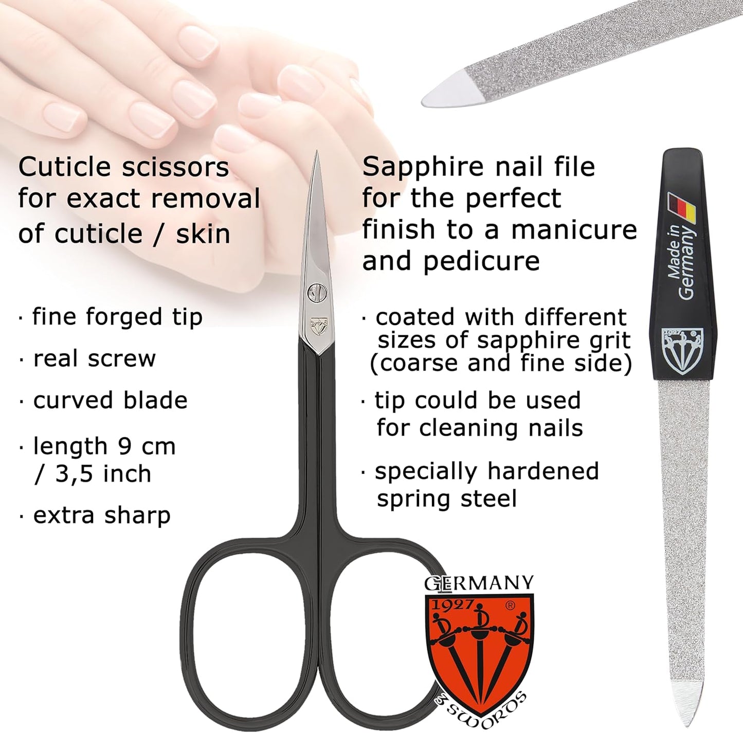 3 Swords Germany - Brand Quality 6 Piece Manicure Pedicure Grooming kit Set - Scissors, Metal and Glass Nail File, Clipper, Tweezers with Synthetic Leather case - White/Black Tools