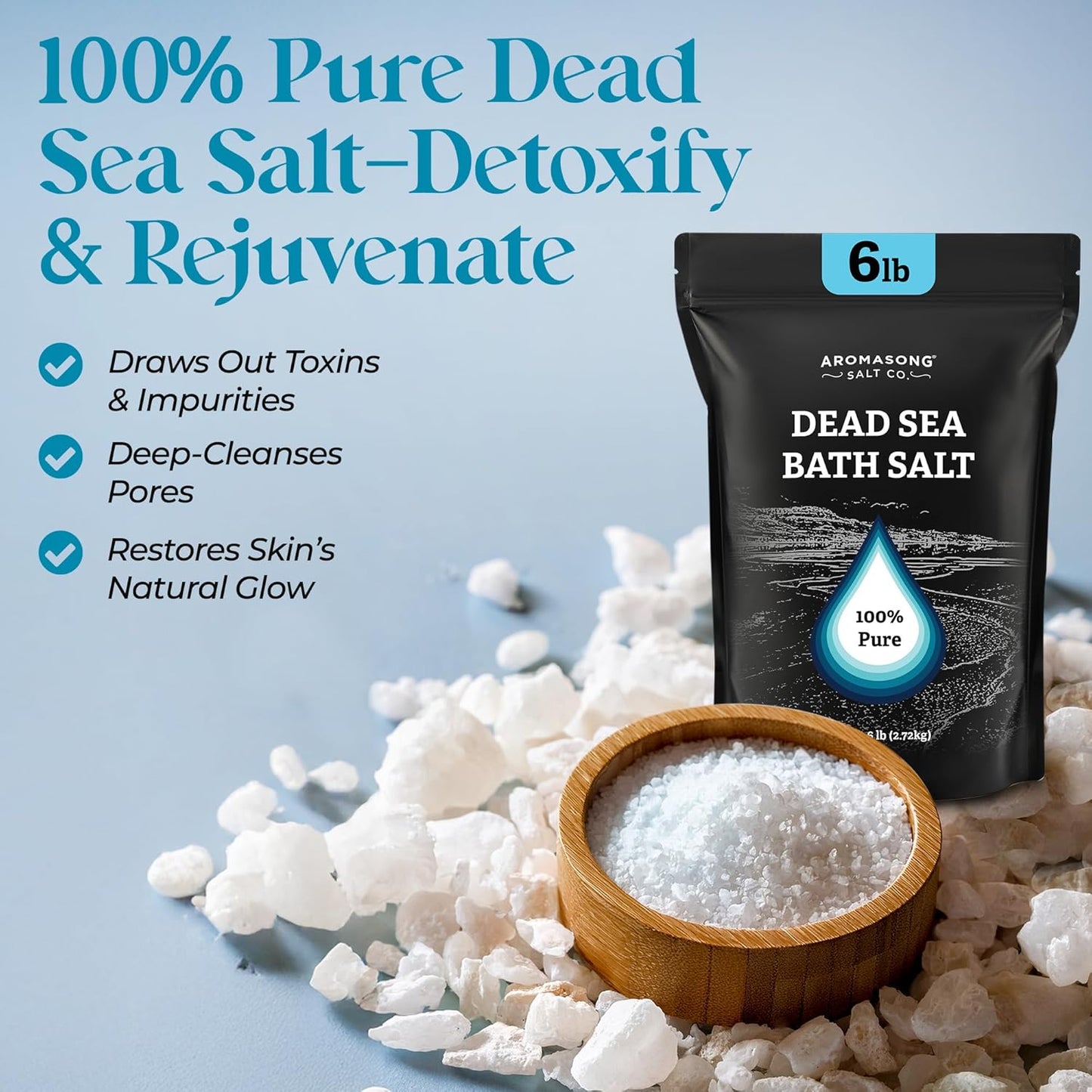 Aromasong Dead Sea Salt Bath Soak 6 Lbs. Bulk Pack – 100% Natural Dead Sea Salts for Soaking, Relaxation, and Detoxification of Skin, Dead Sea Salts for Bath to Rejuvenate and Refresh.
