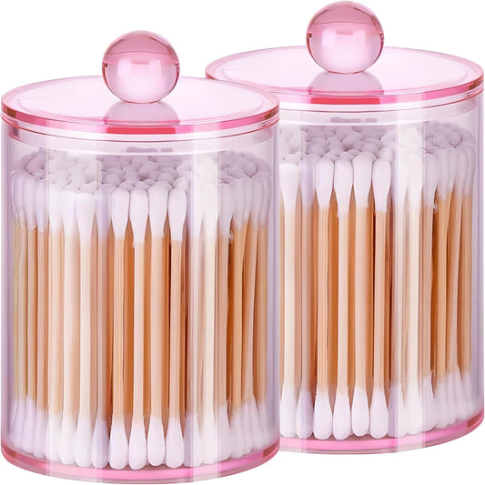 AXX Qtip Dispenser Apothecary Jars Bathroom - Qtip Holder Storage Canister Clear Plastic Jar for Cotton Swab,Q-Tips,Cotton Rounds (Pink 2Pcs)
