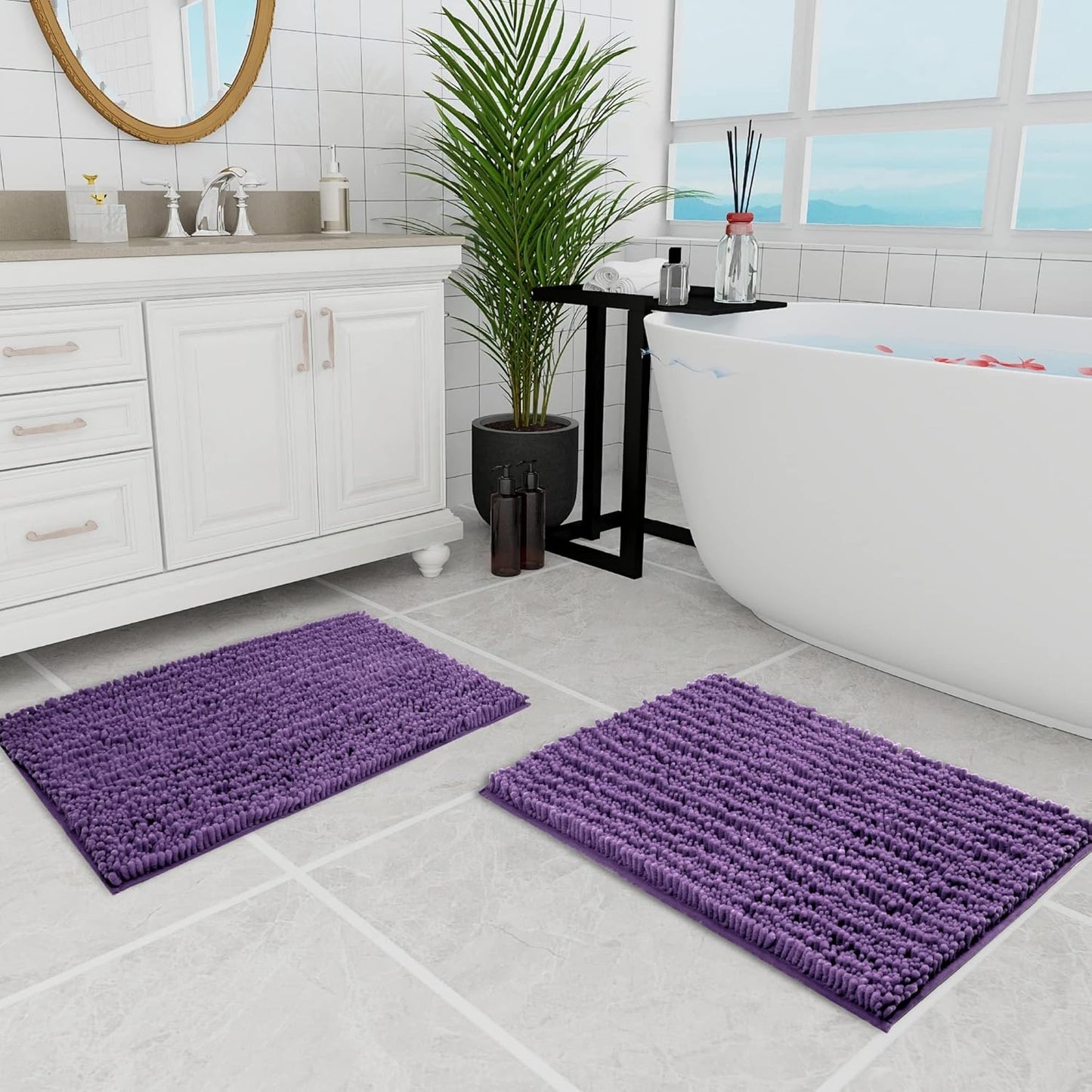 Walensee Bathroom Rug 2 Pieces Set Non Slip Bath Mat (20"x32" Plus 20"x32" Lavender) Water Absorbent Super Soft Shaggy Chenille Machine Washable Dry Extra Thick Perfect Carpet for Shower Floor