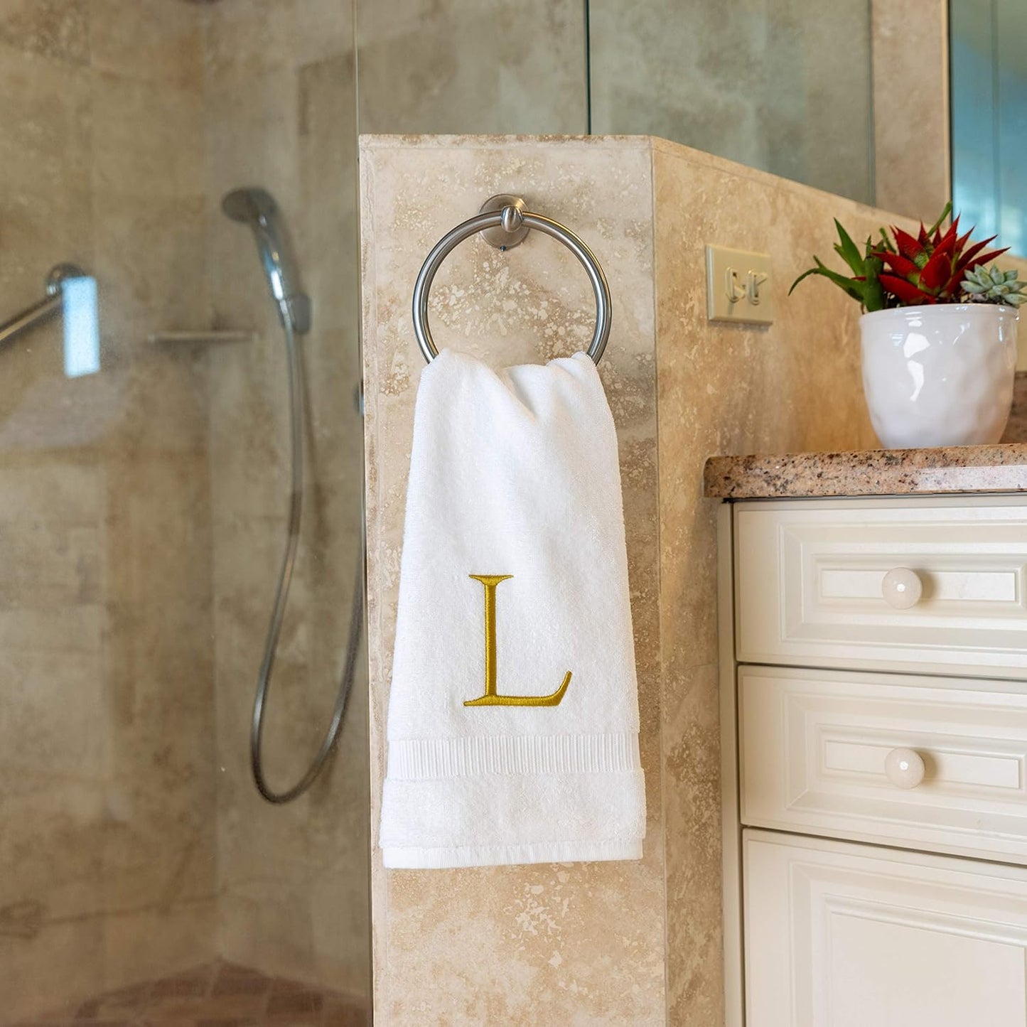 Monogrammed Hand Towels for Bathroom - Luxury Hotel Quality Personalized Initial Decorative Embroidered Bath Towel for Powder Room, Spa - GOTS Organic Certified - Set of 2 Gold Letter L