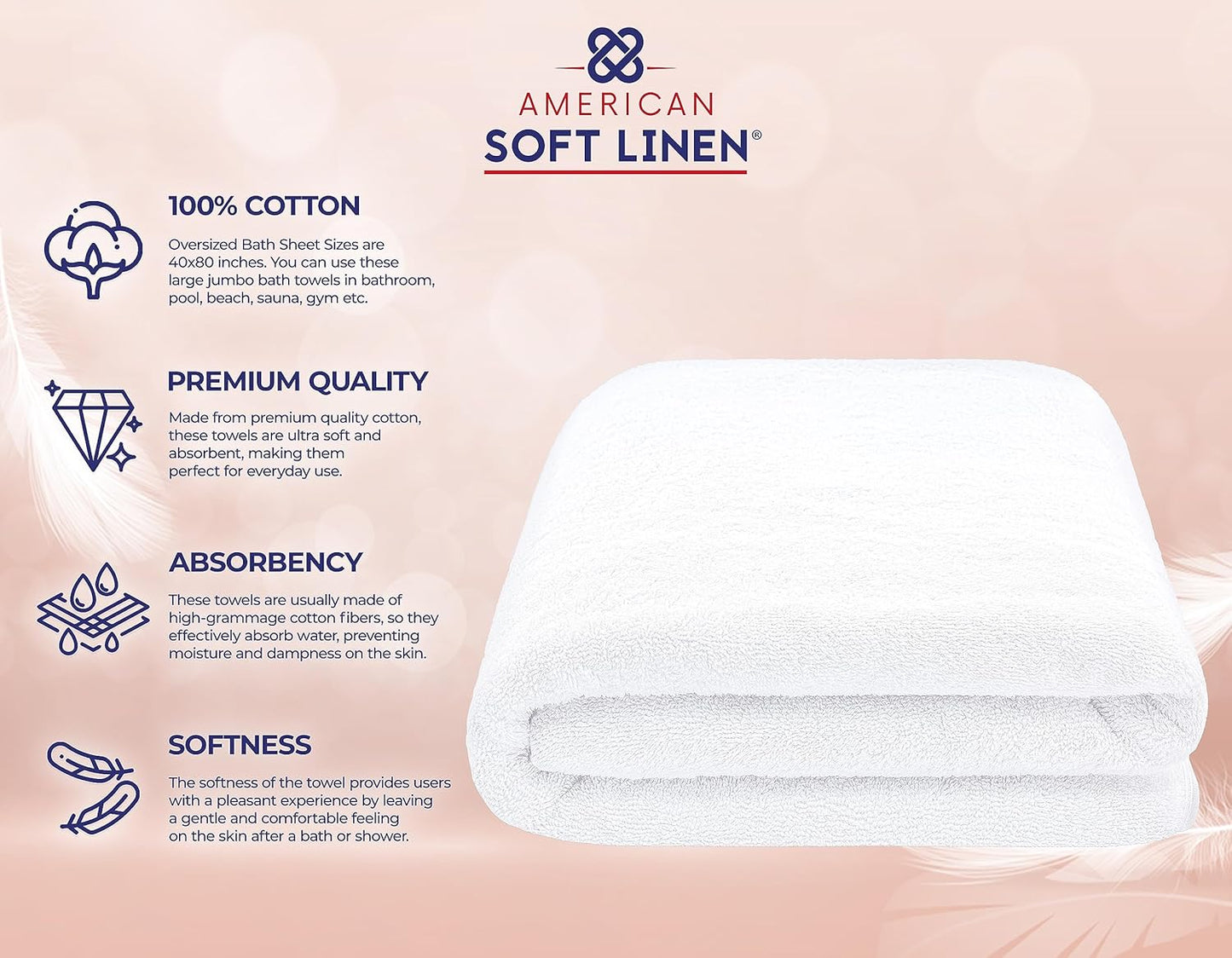 American Soft Linen Oversized Bath Sheet 40x80 Extra Large for Bathroom, 600 GSM 100% Cotton Turkish Jumbo Bathsheet Towels for Adults, White Bath Sheet