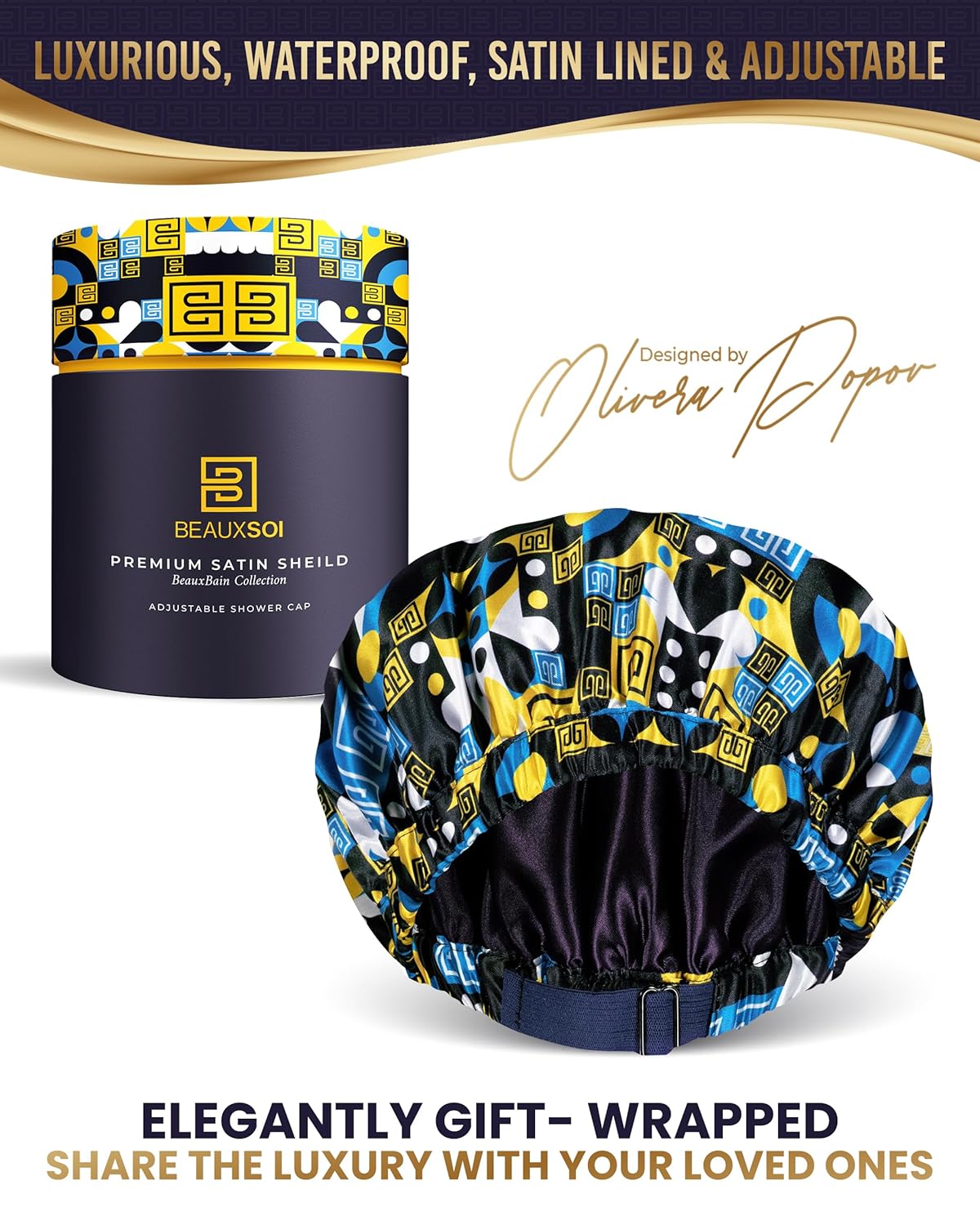 Luxury Reusable Waterproof Shower Cap for Women - Satin Lined, Adjustable - Keeps Hair Dry, Durable Hair Bonnet by BEAUXSOI (African Majesty)