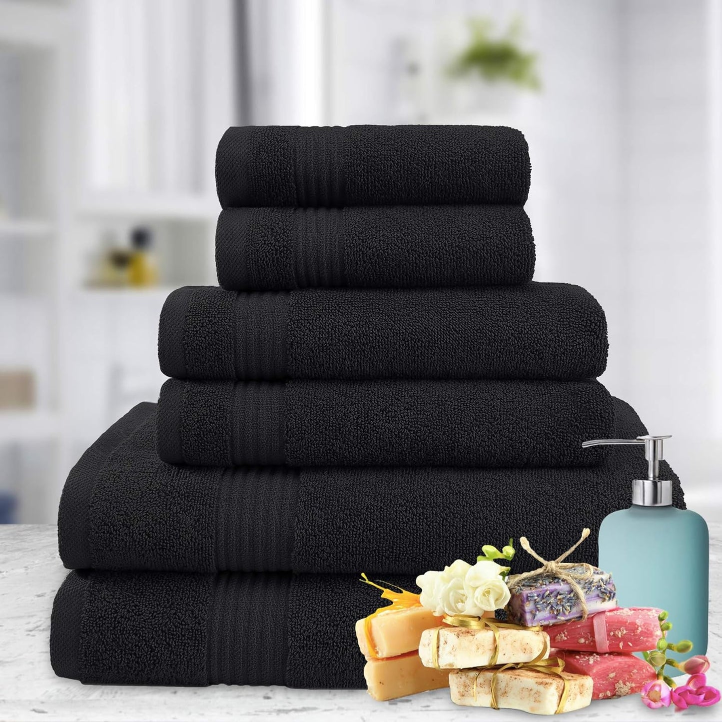 American Veteran Towel, 6 Piece Towel Set for Bathroom, 100% Cotton Turkish Bathroom Towels, 2 Bath Towels 2 Hand Towels 2 Washcloths, Black