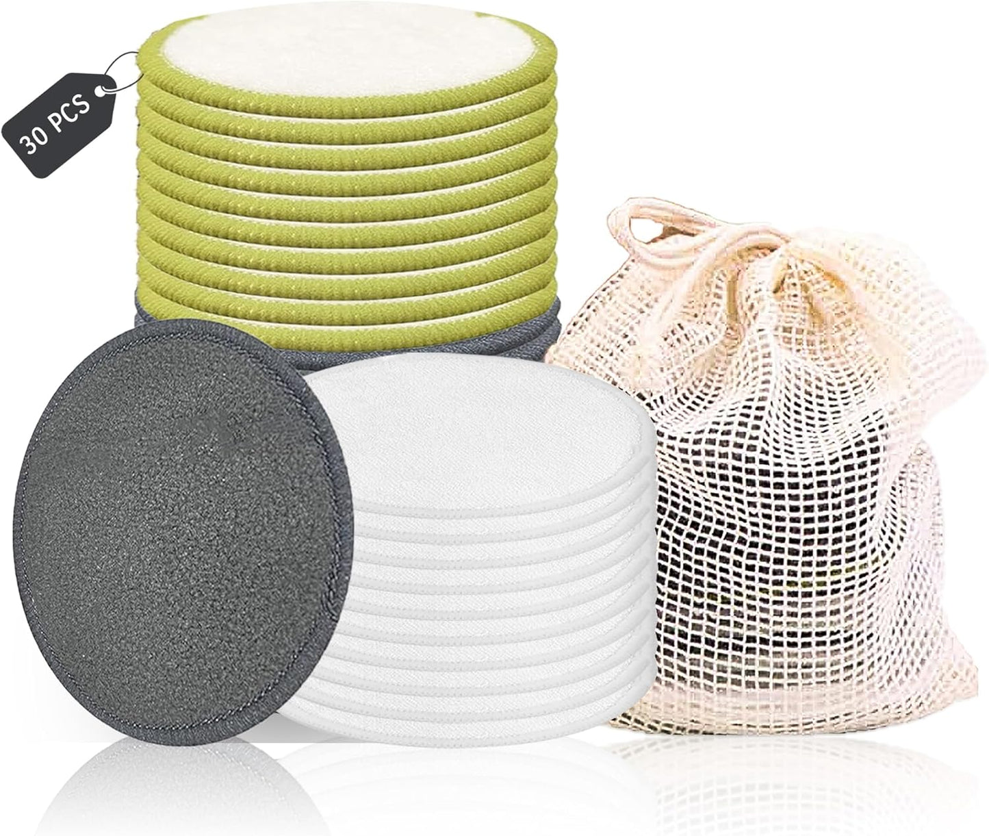 Reusable Bamboo Charcoal Makeup Remover Pads - 30 Count Washable Makeup Remover Pads, Reusable Cotton Rounds for Face, Double-Sided Washable Bamboo Cotton Rounds with Mesh Bag for Storage