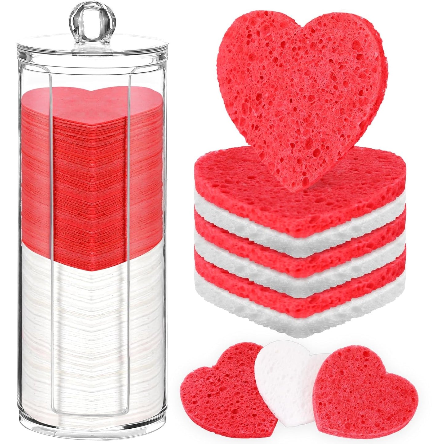 Sieral 120 Pcs Compressed Facial Sponges with Container Disposable Face Sponge Pads for Washing Face Cleansing Exfoliating Esthetician Makeup Removal (Heart,Red, White)