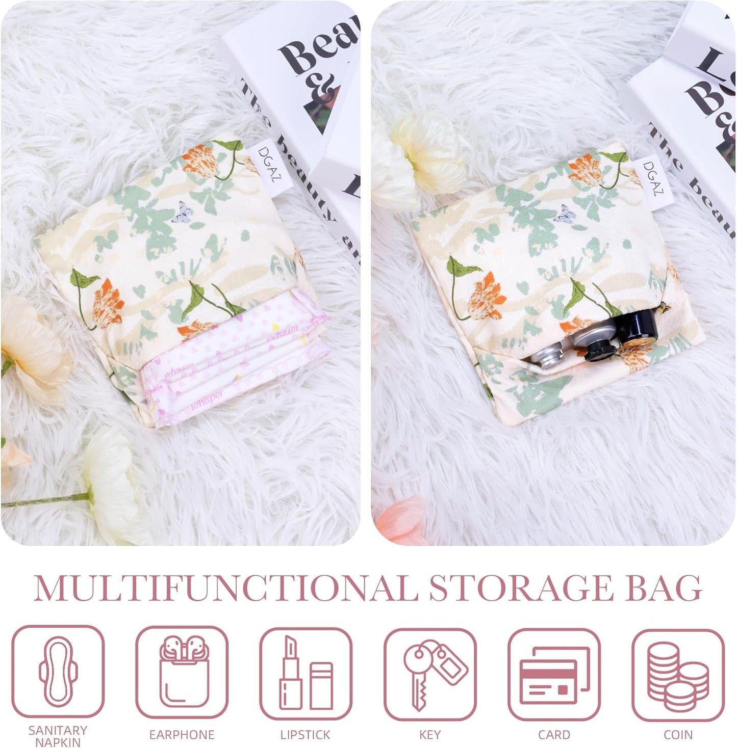 DGAZ Sanitary Napkin Storage Bag, Period Bag for Teen Aged Girls, Portable Period Bag for Panty Liners/Menstrual Cup/Small Tampons，Mini Makeup Bag for Purse(Orchid Grass)