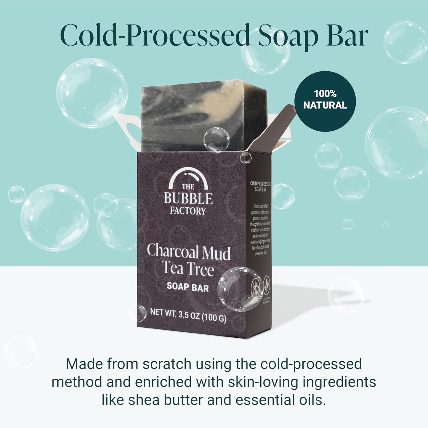 Handmade Soap, All Natural Soap for Women & Men, Hand, Bath & Body Natural Bar Soap, Vegan, Palm Oil Free, Made in USA with Shea Butter + Essential Oils, Charcoal Mud Tea Tree, 3 Bars