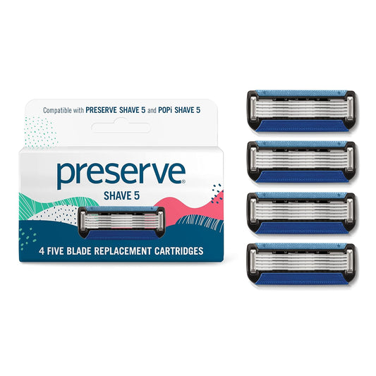 Preserve Shave 5 Razor Blades Refills - 5 Blade Razors for Men & Women - Ceramic Coated Shavers for Comfort with Aloe-Cocoa Butter Strip - Reusable Shaving Refill - 4 Pack
