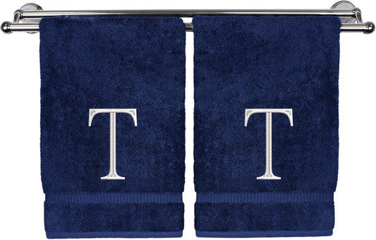 Monogrammed Hand Towel, Personalized Initial Gift, Extra Absorbent 100% Turkish Cotton - Soft Terry Finish - Set of 2 - White Block Initial T - Embroidered on Navy Blue Towels