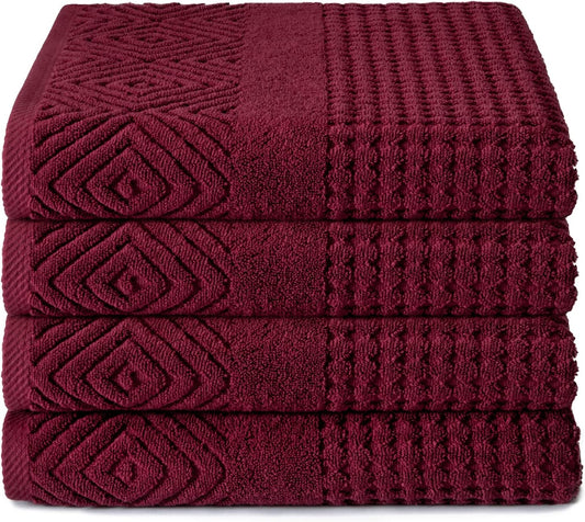Texere 100% Organic Cotton Jacquard Towel Sets (Diamond, Merlot, 4 Bath Towels)
