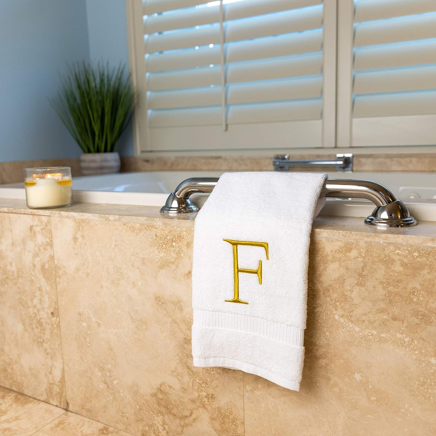 Monogrammed Hand Towels for Bathroom - Luxury Hotel Quality Personalized Initial Decorative Embroidered Bath Towel for Powder Room, Spa - GOTS Organic Certified - Set of 2 Gold Letter F