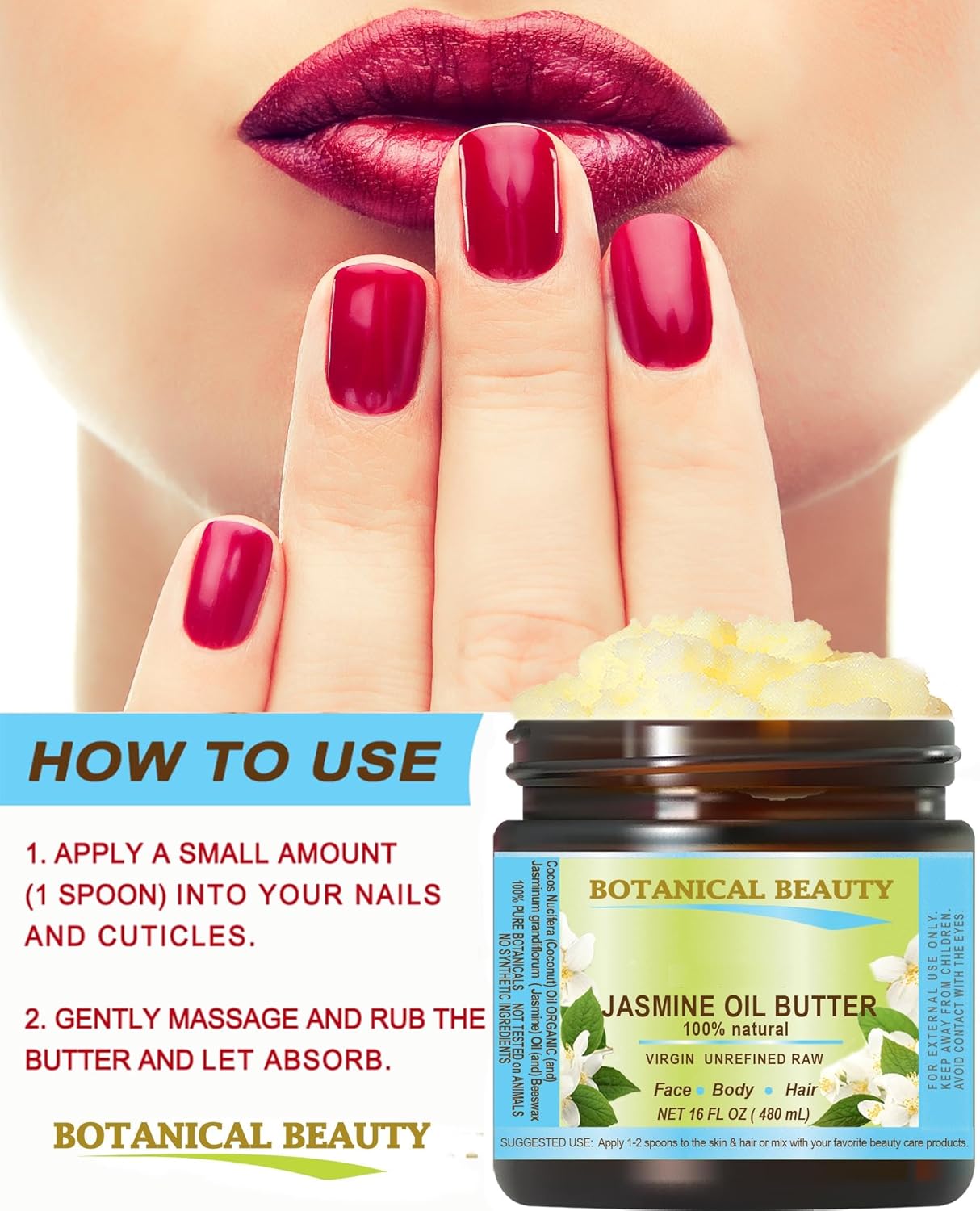 Botanical Beauty JASMINE OIL BUTTER Pure Natural Virgin Unrefined RAW for FACE, SKIN, BODY, DAMAGED HAIR, NAILS. (8 Fl Oz)