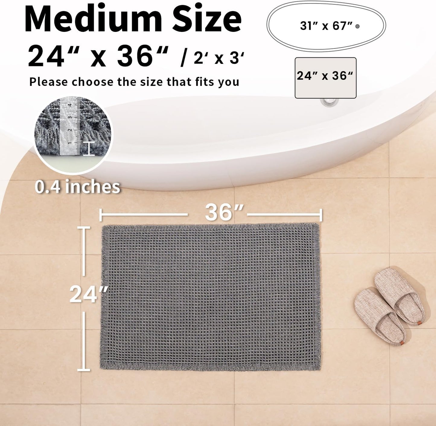 Waffle Bath Mat - Boho Bathroom Rugs Non Slip Washable, Super Absorbent & Quick Dry, Soft Bath Mat Farmhouse Bathroom Decor, 24'' x 36'', Dark Grey