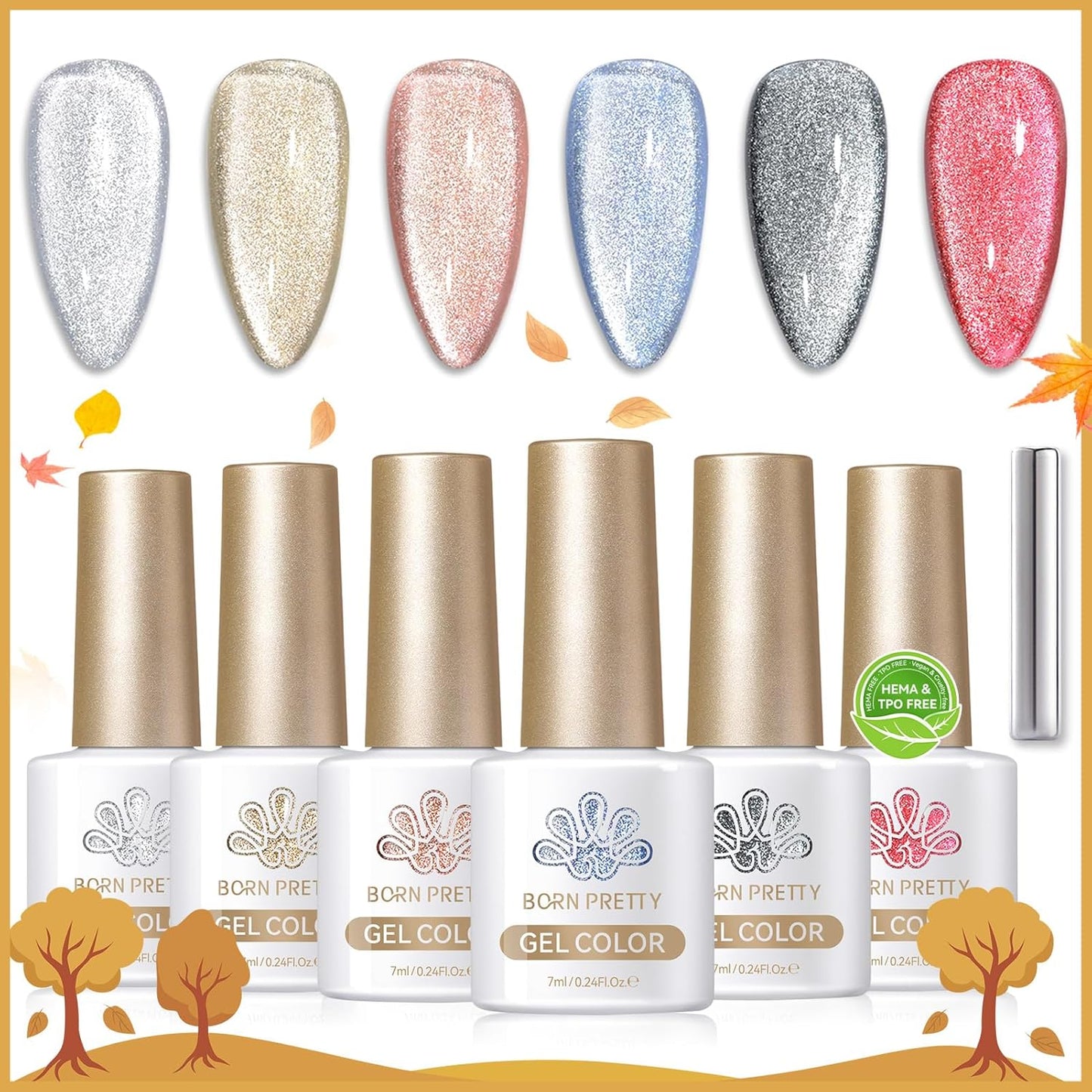 Born Pretty Cat Magnetic Eye Gel Nail Polish,Fall Winter Red Gold Silver Black Holographic Glitter Crystal Gel Polish Set Magnetic Nail Polish Kit Soak Off LED Nail Art DIY Salon Gift 7ML 6PCS