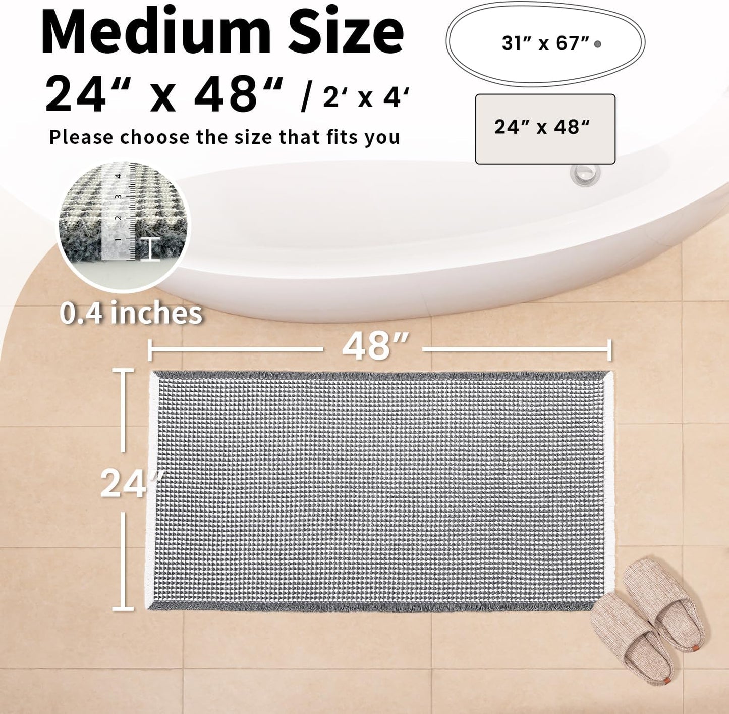 Waffle Bath Mat - Boho Bathroom Rugs Non Slip Washable, Super Absorbent & Quick Dry, Soft Bath Mat Farmhouse Bathroom Decor, 24'' x 48'', Dark Grey and White
