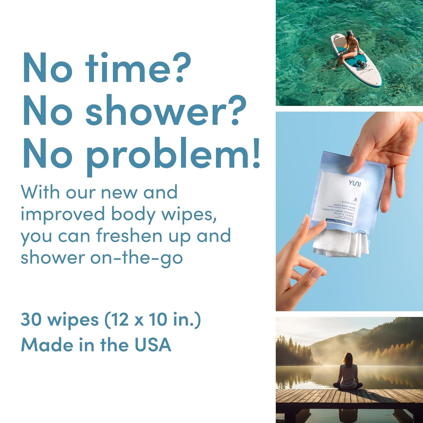 YUNI Beauty Large Body Wipes (Unscented, 6 Count) Super Soft Moist Showerless Wipes that Cleanse & Deodorize - On-the-Go Waterless Body Cleanser - Biodegradable Individually Wrapped Wipes for Travel