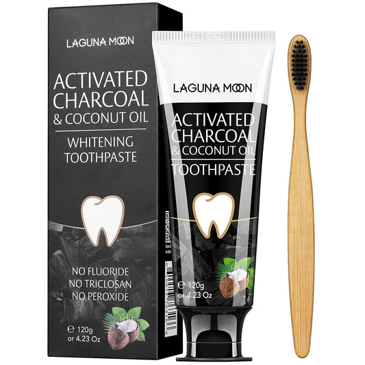 Lagunamoon Whitening Charcoal Toothpaste for Sensitive Teeth, Enamel Repair, Cavity Protection - Natural Toothpaste for Whitening, Removing Stains, Mint Flavor Freshen Breath Mint Gel - No Peroxide