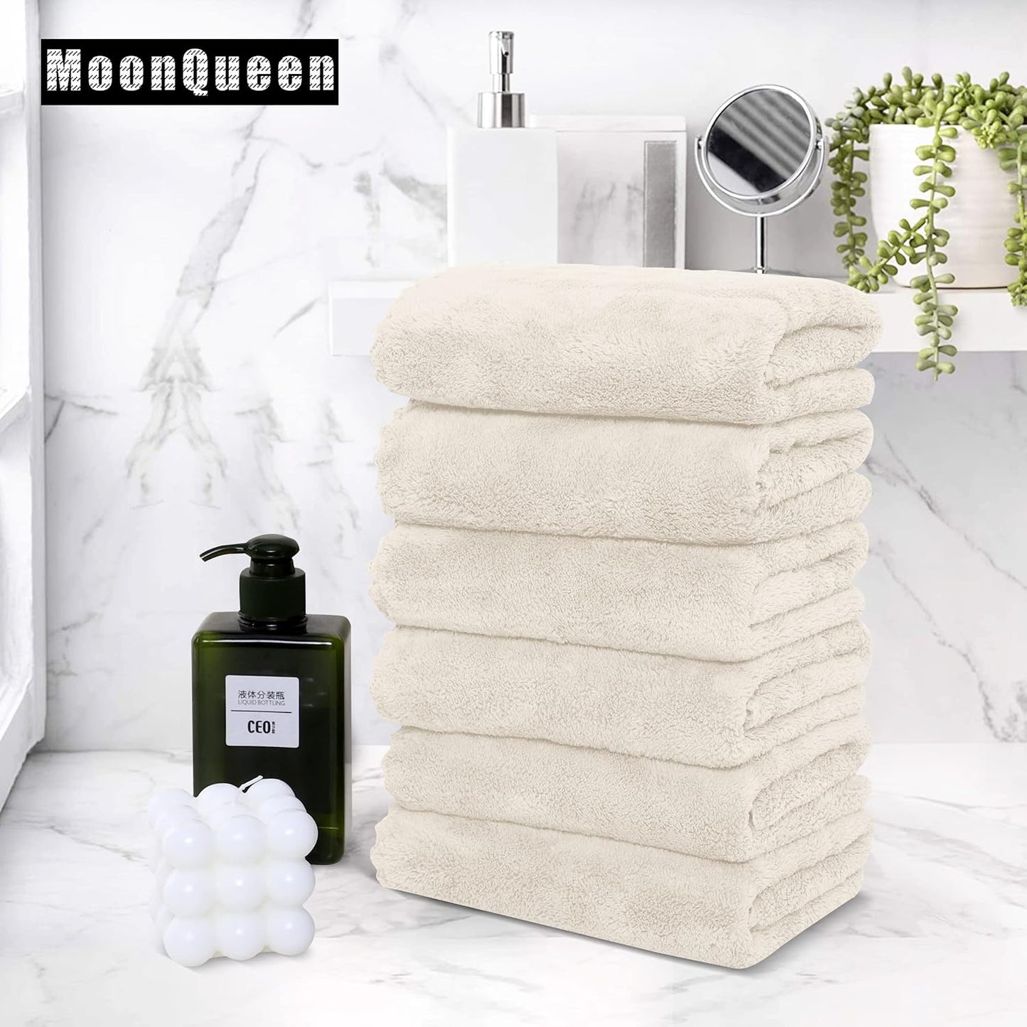 MOONQUEEN 6 Pack Premium Hand Towels - Quick Drying - Microfiber Coral Velvet Highly Absorbent Towels - Multipurpose Use as Hotel, Bathroom, Shower, Spa, Hand Towel 16 x 28 inches (Cream)
