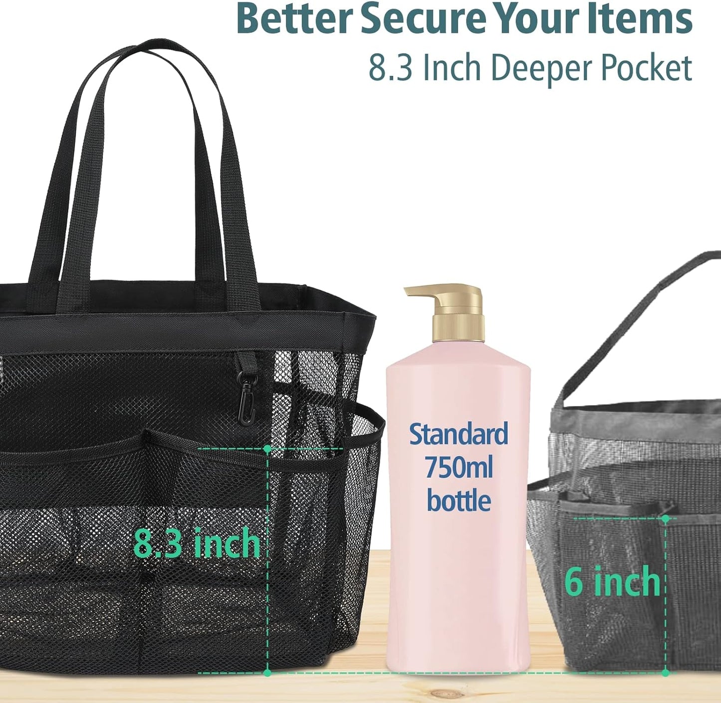 F-color Mesh Shower Caddy Portable, 8.3" Deeper Pockets Large Shower Caddy Bathroom Caddy for College Dorm Room Bathroom Essentials, 2 Handles Shower Bag Tote for Gym Rv, Camp with S Hook, Black