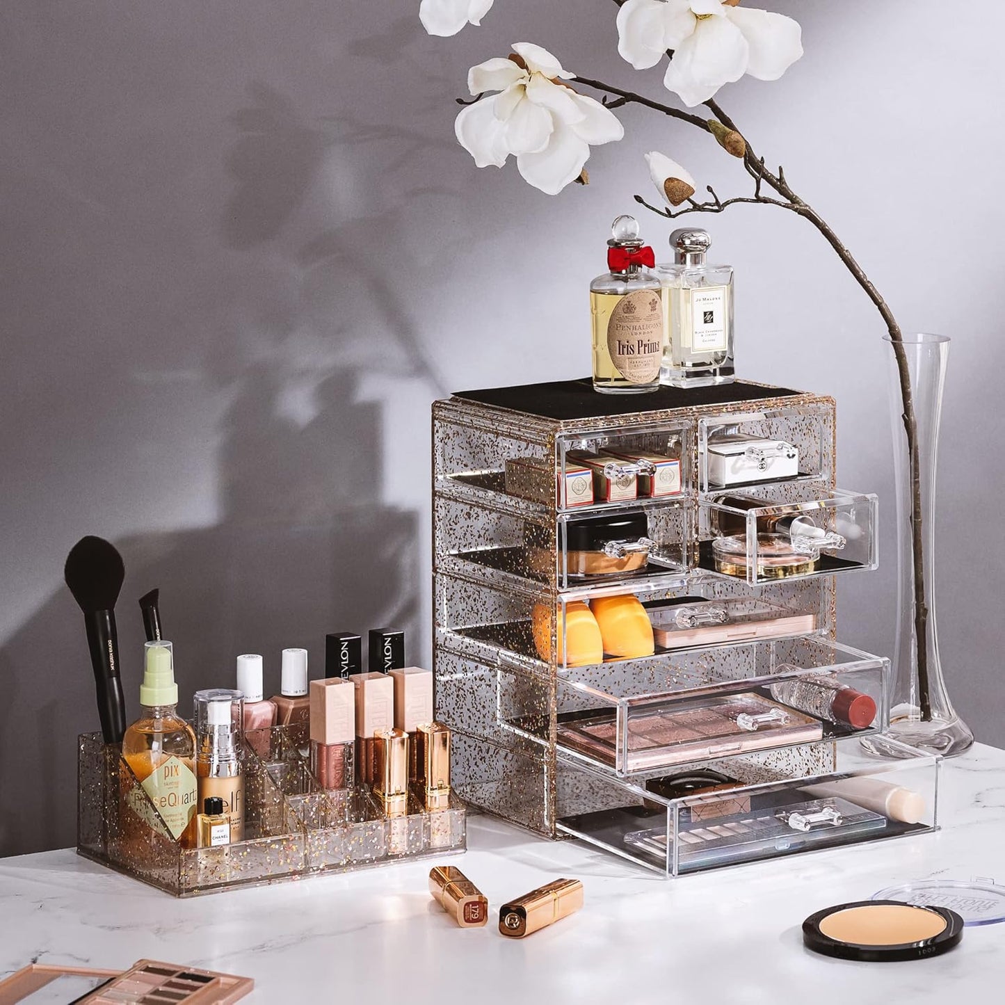 Sorbus Clear Cosmetic Makeup Organizer - Make Up & Jewelry Storage, Case & Display - Spacious Design - Great Holder for Dresser, Bathroom, Vanity & Countertop (3 Large, 4 Small Drawers) [Glitter]