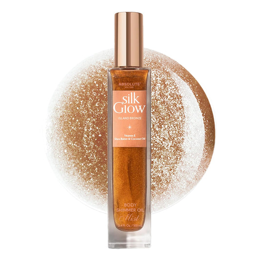 Absolute New York - Silk Glow Shimmer Mist Glow, Radiant, Shimmer Body & Face & Hair, Shea Butter, Coconut Oil, Vitamin E (SBGS13 Island Bronze Mist, 3.4 fl oz)