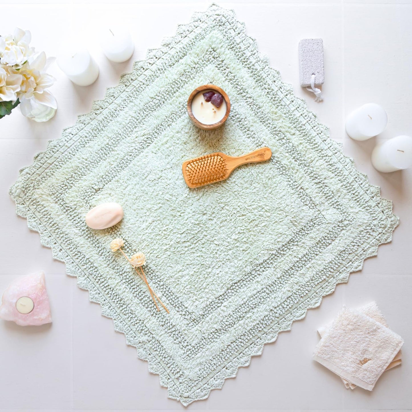 RAJRANG Cotton Crochet Bath Rug - 24 Inches Soft Washable Reversible Boho Bathroom Mat Square - Meadow Mist