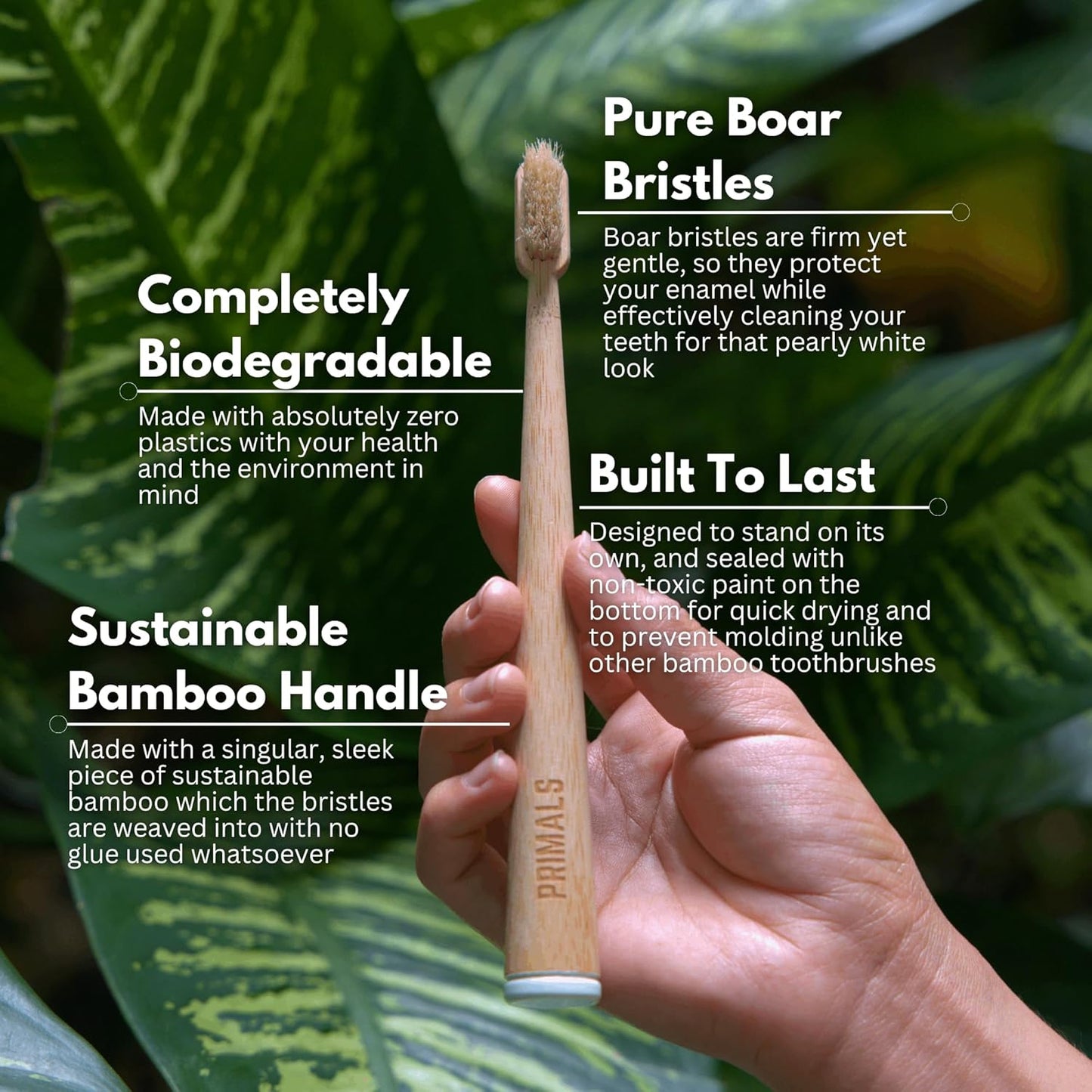 PRIMALS Boar Bristle & Bamboo Toothbrush (4-Pack) - Premium Boar Bristles - Fully Biodegradable - Plastic & Nylon Free - Quick Dry Design