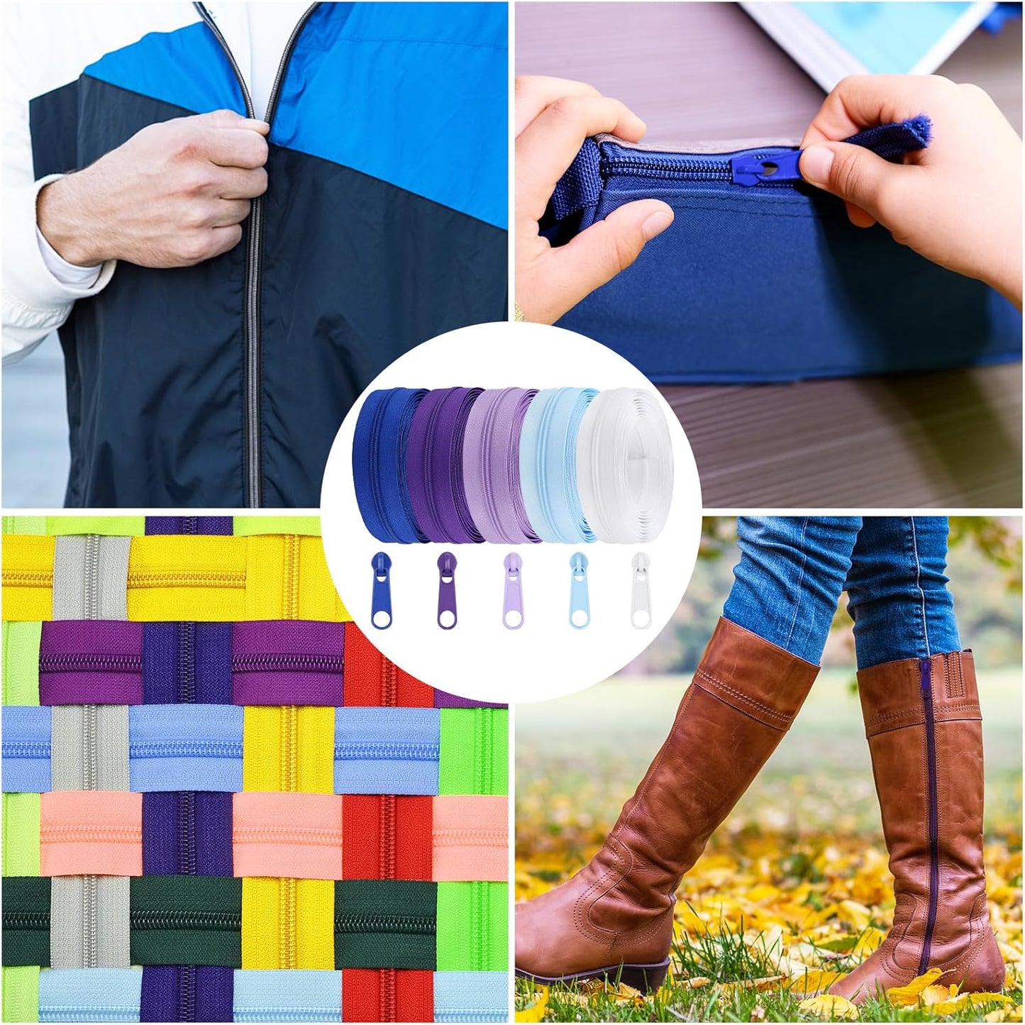 DOITEM 15.3 Yards/ 14 m 5 Pieces Assorted Colors #3 Nylon Coil Zippers, Sewing Zippers Endless Zips with 20 Pieces Zipper Sliders Zip Heads for DIY Sewing Tailor Craft Supplies (Purple Blue White)