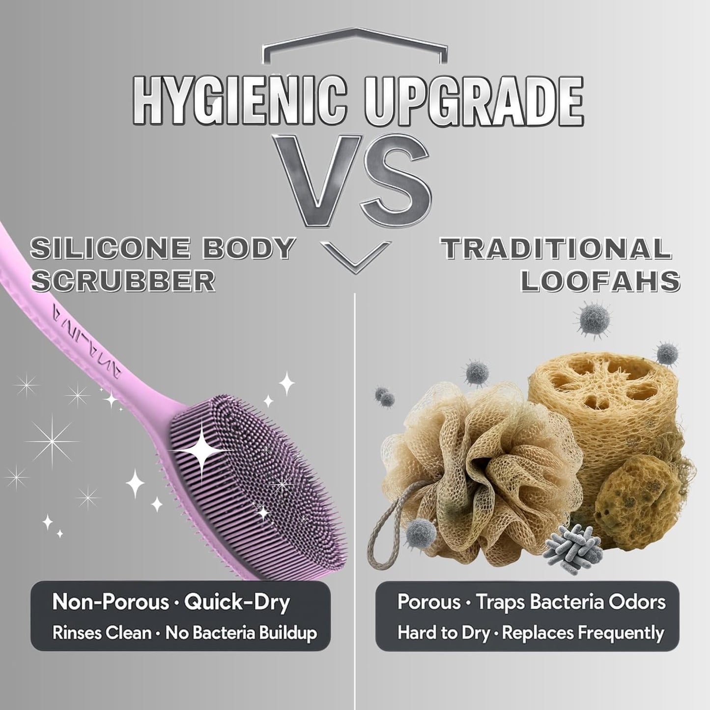 Avilana Silicone Body Scrubber – Gentle Shower Brush & Loofah Alternative- Food Grade & Lab Tested – Fast-Drying, Hygienic, BPA-Free Silicone Body Gentle Exfoliator (Pink, Long Handle)