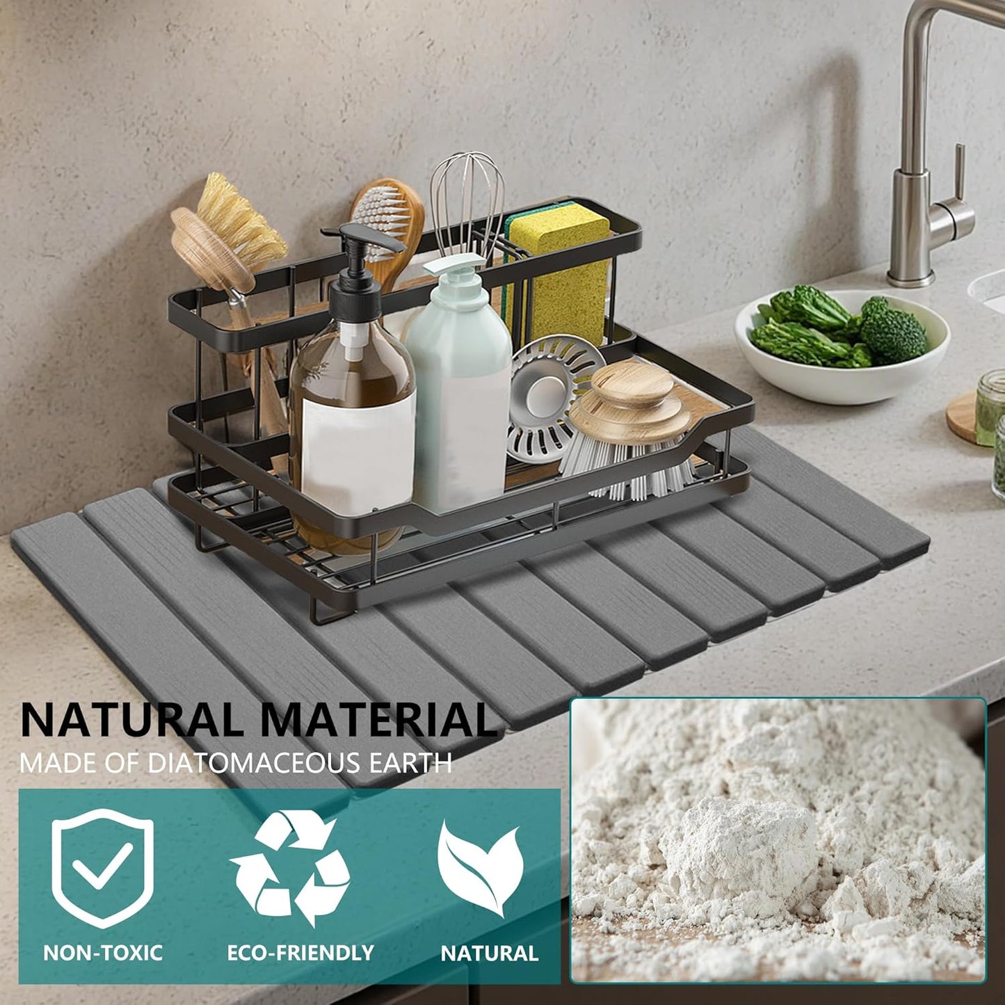 Stone Drying Mat for Kitchen Counter, Quick Dry Absorbent Collapsible Dish Drying Mat, Eco-Friendly Absorbent Diatomaceous Earth Mats for Dishes Bottles Cups Bathroom Any Counterop 24" x 15"