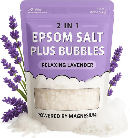 Epsom Salt Plus Bubbles – Lavender Scented Foaming Bath Soak – Magnesium Sulfate for Muscle Recovery, Stress Relief & Relaxation – Great for Aromatherapy – 12 oz