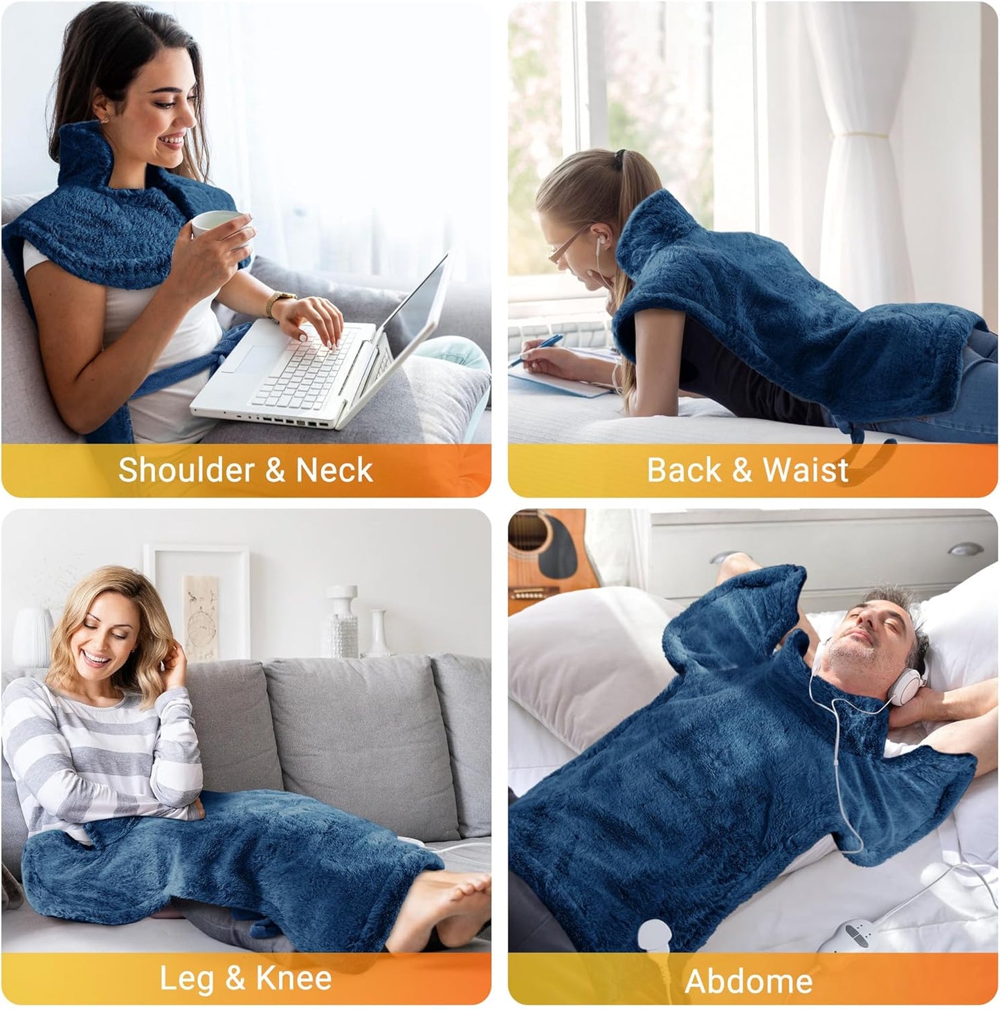 Massaging Heating Pad for Neck and Shoulders and Back, 24" x 35" Large Electric Heating Pad for Back Pain Relief with 3 Heat Levels, 4 Massage Settings, 2H Auto Shut-Off, 4 Massage Motors,Blue