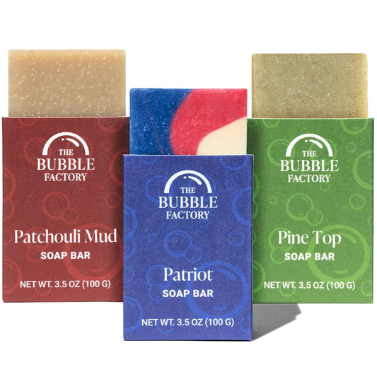 The Bubble Factory Handmade Natural Bath & Body Soap Bar, Vegan, All-Natural, Palm Oil Free, Made in USA with Shea Butter + Essential Oils, Patriot/Patchouli Mud/Pine Top
