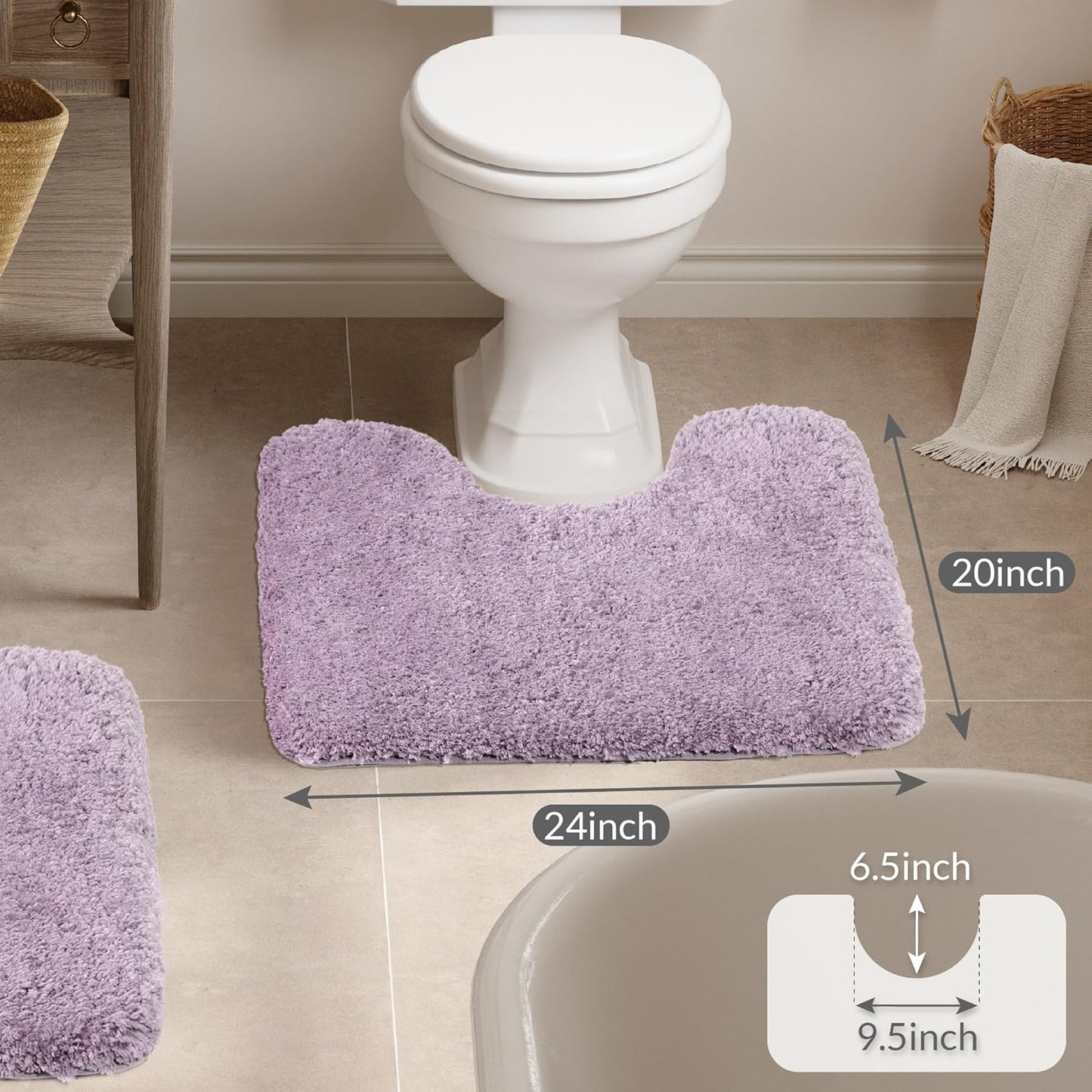 Walensee Contour Rug (20x24, Lavender) Non Slip Bath Mat for Bathroom Water Absorbent Soft Microfiber Shaggy Mat Machine Washable U Shape Toilet Rug