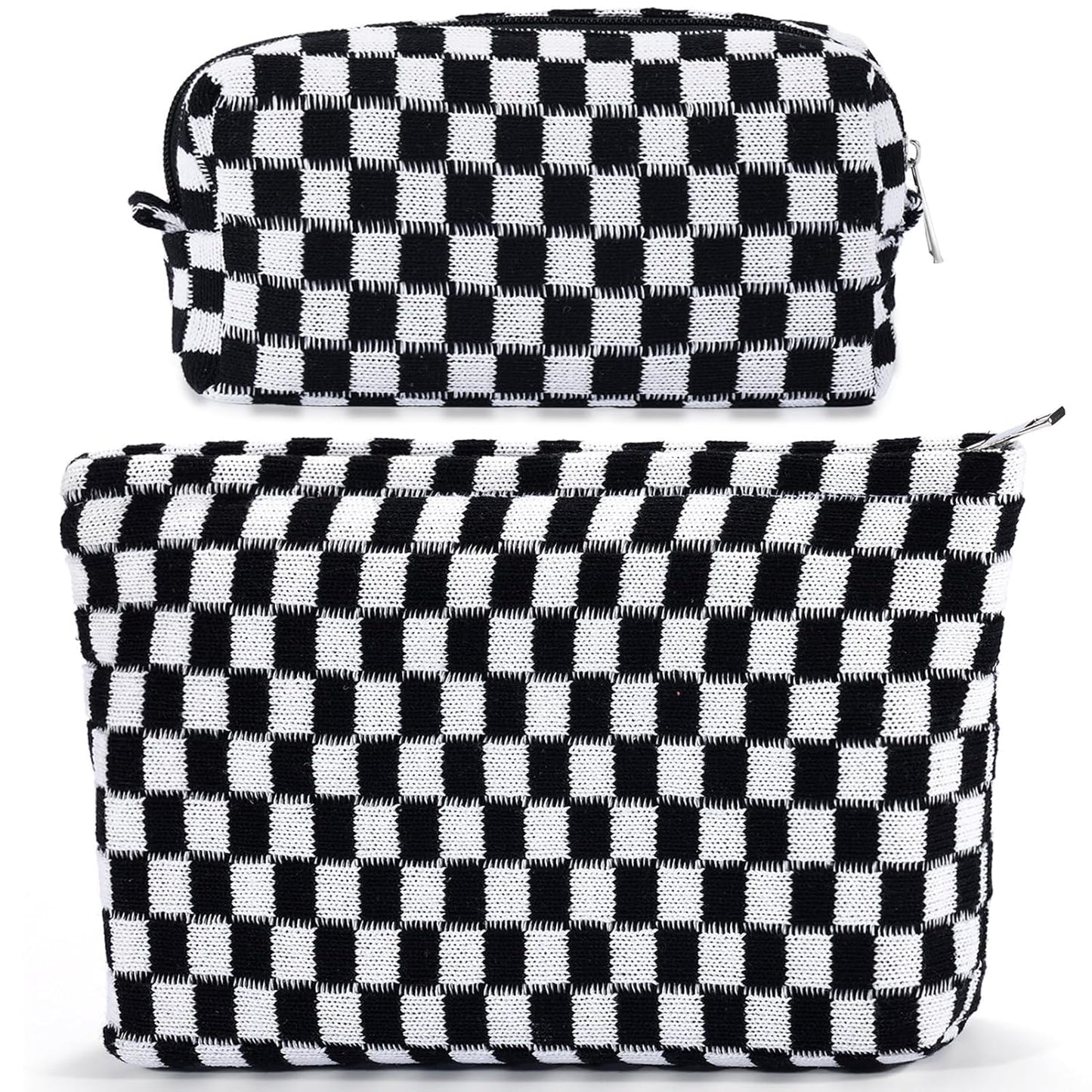 ZLFSRQ 2Pcs Checkered Makeup Bag for Women Large Small Checkered Cosmetic Bag Set Aesthetic Preppy Pencil Case Cute Pencil Pouch Black Makeup Pouch for Purse Travel Toiletry Bags Zipper Skincare Bags