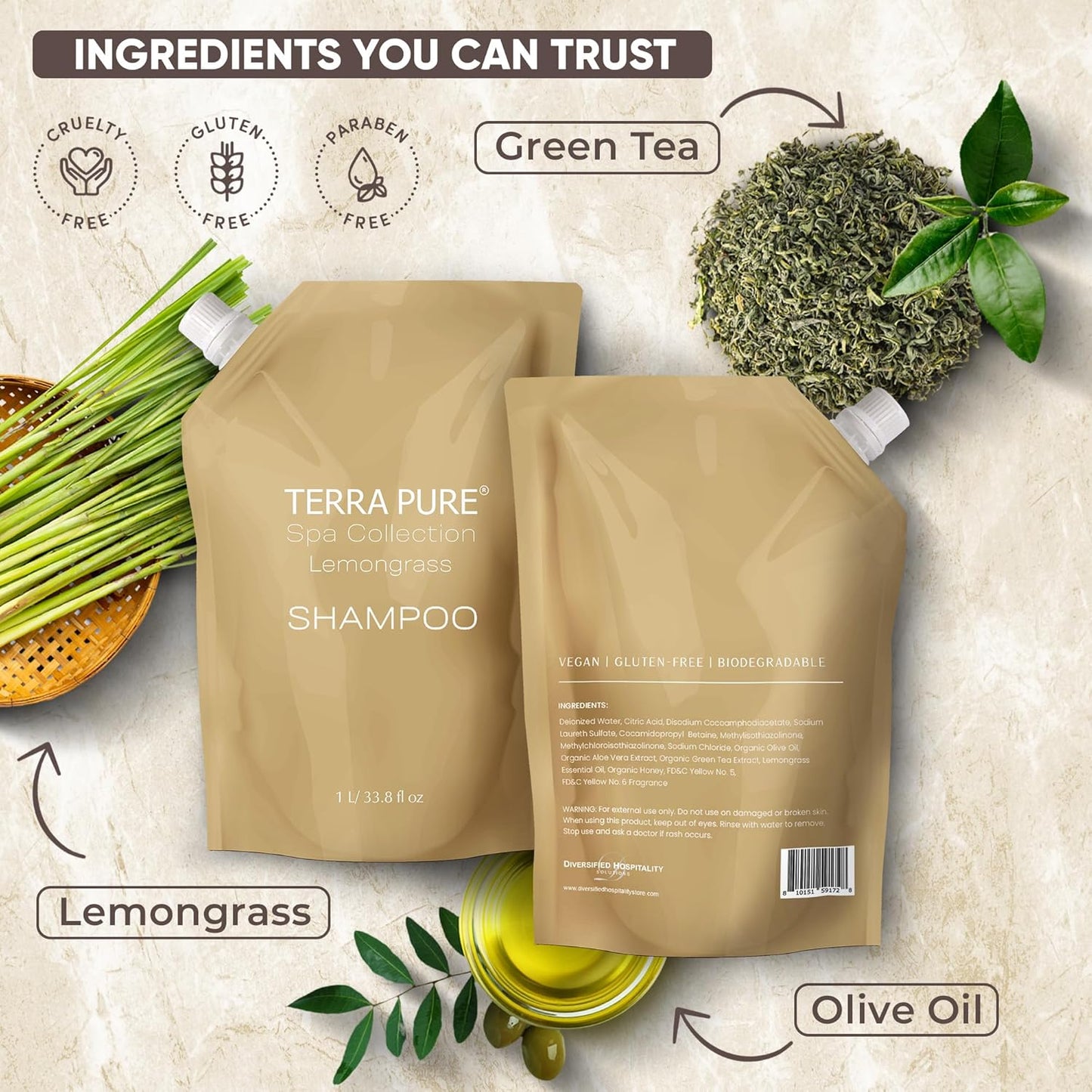 Terra Pure Spa Collection 1 Liter Conditioner Refill Bag For Soap Dispensers | Bulk Toiletries for Vacation Rentals, and Home Bathroom Showers | Green Tea Lemongrass | Single