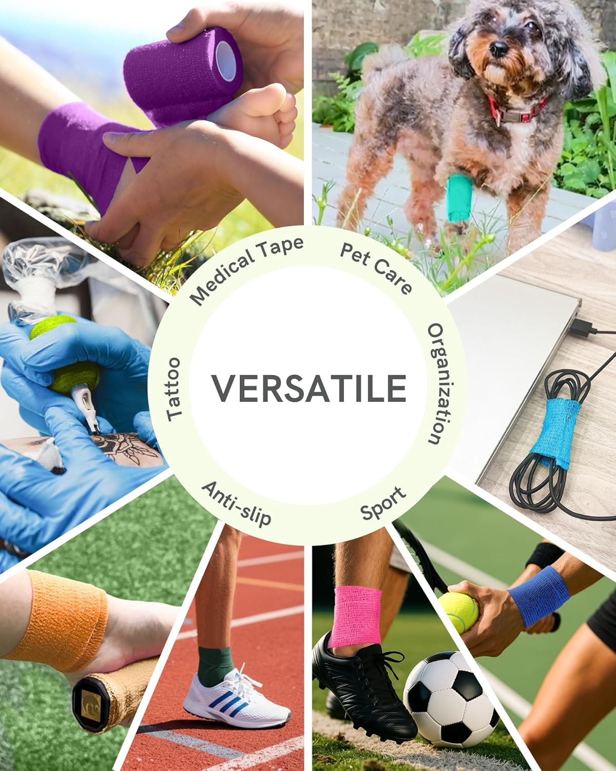 FriCARE Self Adhesive Bandage Wrap, Medical Tape in First Aid Kit, Cohesive Bandages for Wounds Sport Vet, 2 Inches X 5 Yards 6 Rolls, Fluorescent Color