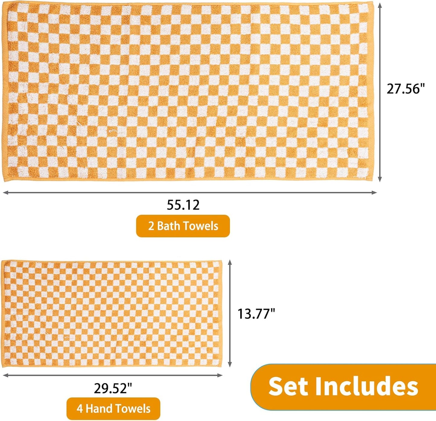Checkered Bath Towels Set of 6 Large, 520GSM, 100% Cotton Shower Towels * 2 (55.12"*27.56"), Hand Towels * 4 (29.52"*13.77"),Towels for Bathroom、Pool、Hotel, Spa, Soft Absorbent（Orange