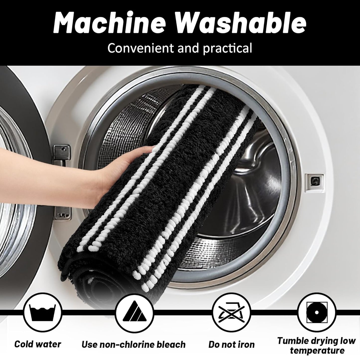 Bathroom Rugs 20x32 Extra Soft Absorbent Bath Mat Chenille Non Slip Shower Mat Rubber Backing Machine Washable Bath Mats for Bathroom Shaggy Black Bath Rugs for Tub, Hallway