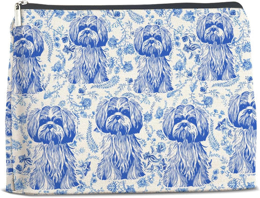 Shih Tzu Blue Makeup Bag Gifts for Women Dog Mom Cute Shih Tzu Cosmetic Bag Zipper Pouch