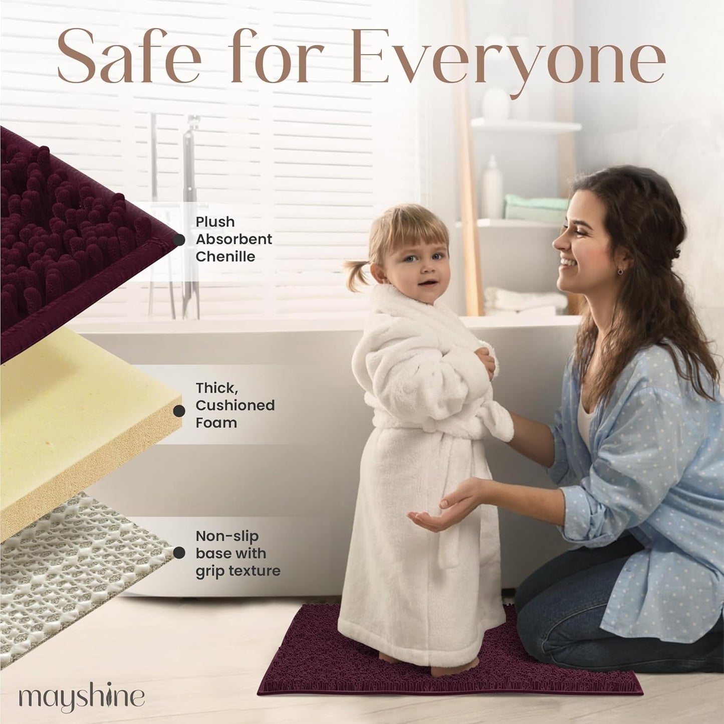 MAYSHINE Plush Shaggy Chenille Bath Mat | Extra Soft, Super Absorbent, Non-Slip Bathroom Rug | Fluffy Microfiber, Area Rug Sets for Bathroom Floor, Kitchen, Living Room | 32"x20" | Burgundy