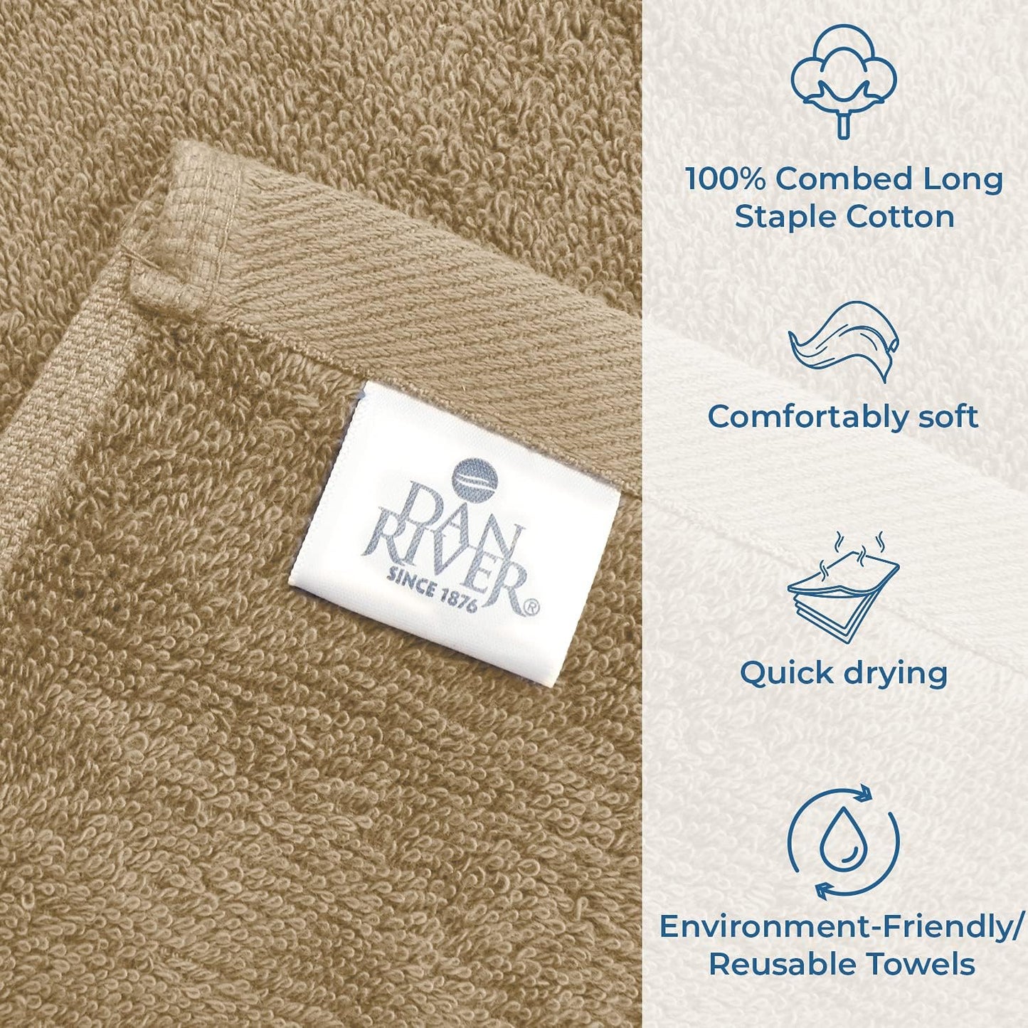 DAN RIVER Bath Towels Set of 4, 27 x 54 Inches, 100% Cotton, Larger & Lighter Weight, Quicker to Dry, Super Soft and Absorbent, Ideal Tan Bath Towels for Daily Use